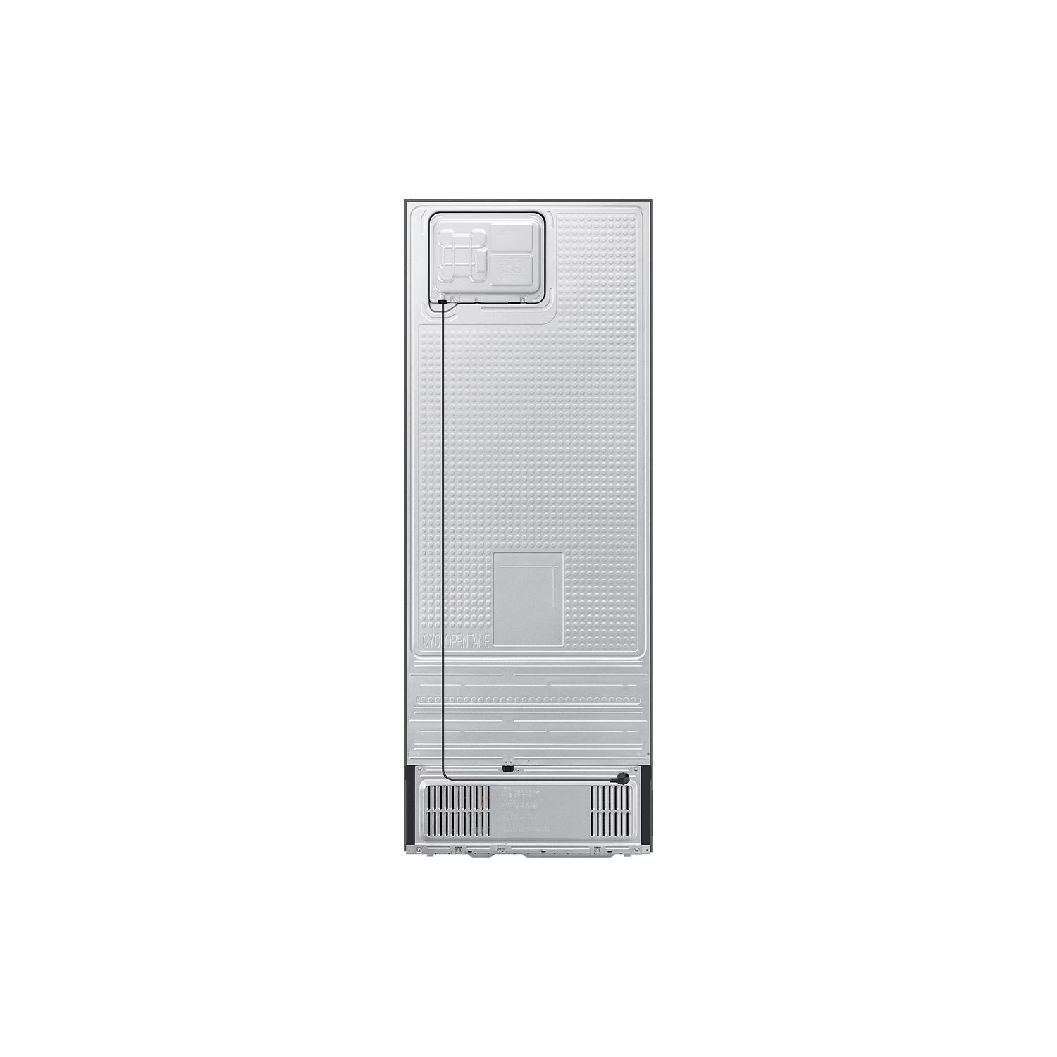 Back of a refrigerator with components visible.