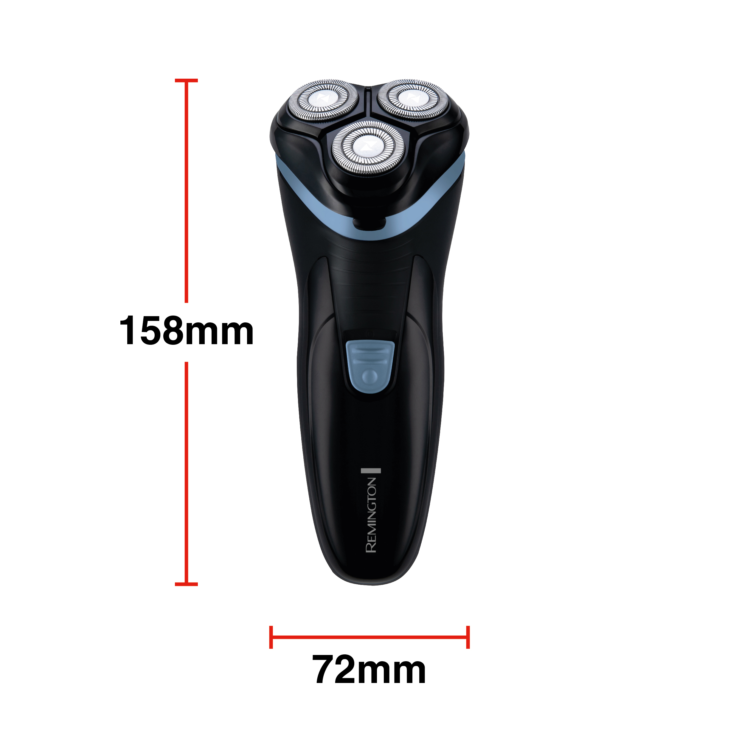 Fekete-kék Remington elektromos borotva, méretekkel. 158 mm magas, 72 mm széles.