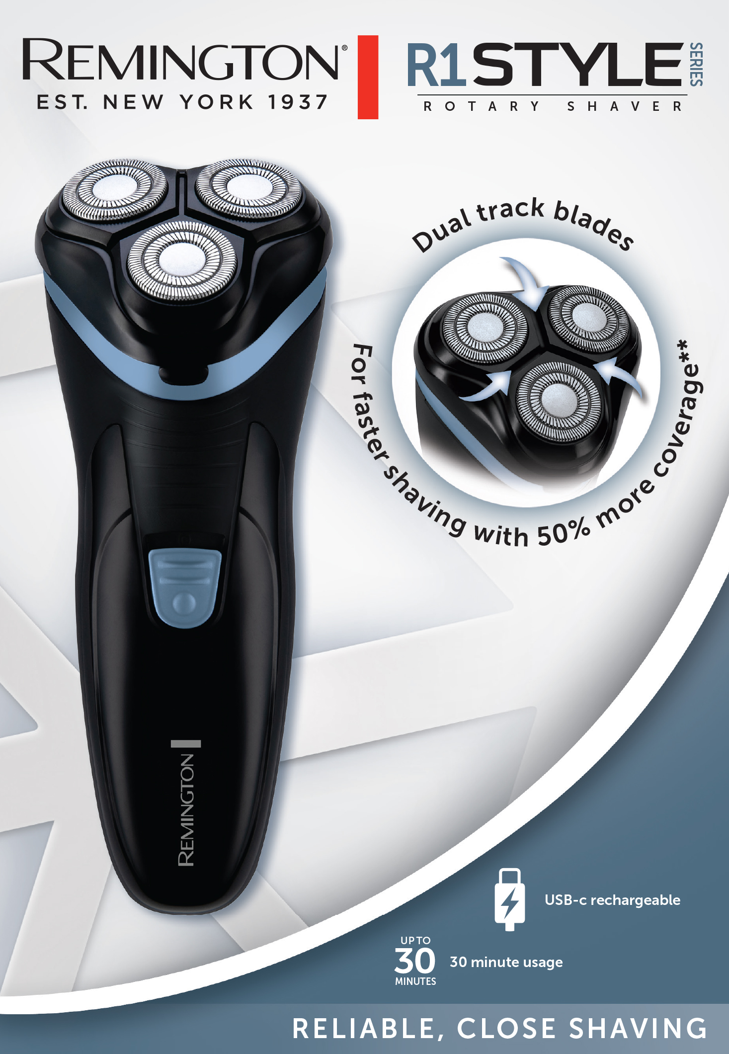 Fekete Remington R1 stílusú forgóborotva kék díszítéssel, termékadatokkal és funkciókkal fehér háttéren.