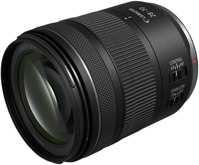 Objectif Canon, noir avec détails. Contrôle, AF/MF et stabilisateur.