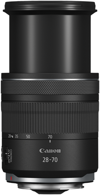 Un objectif d'appareil photo Canon 28-70mm noir, avec des marquages indiquant les longueurs focales.