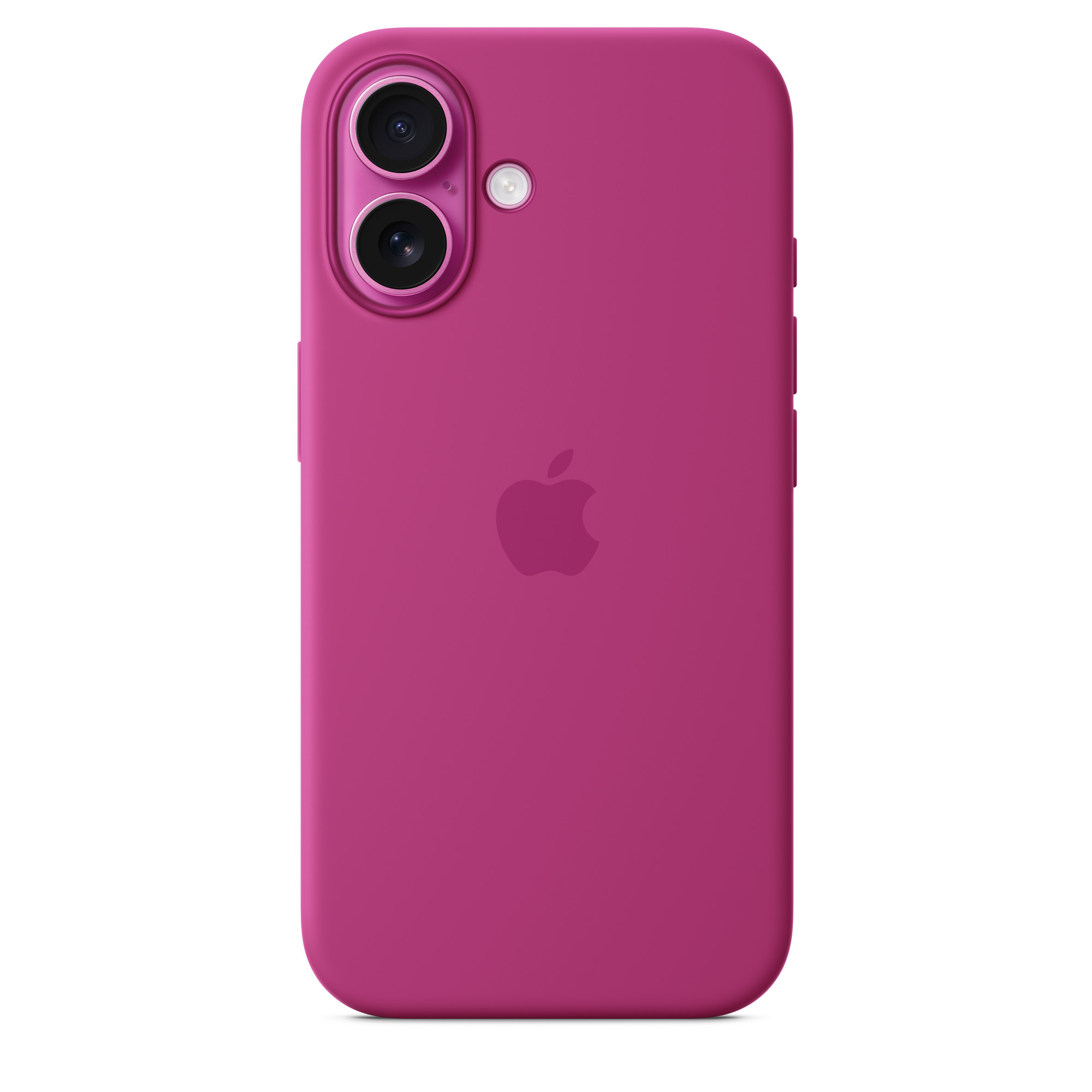Kamera çıkıntısı ve Apple logosu olan fuşya bir telefon kılıfı.