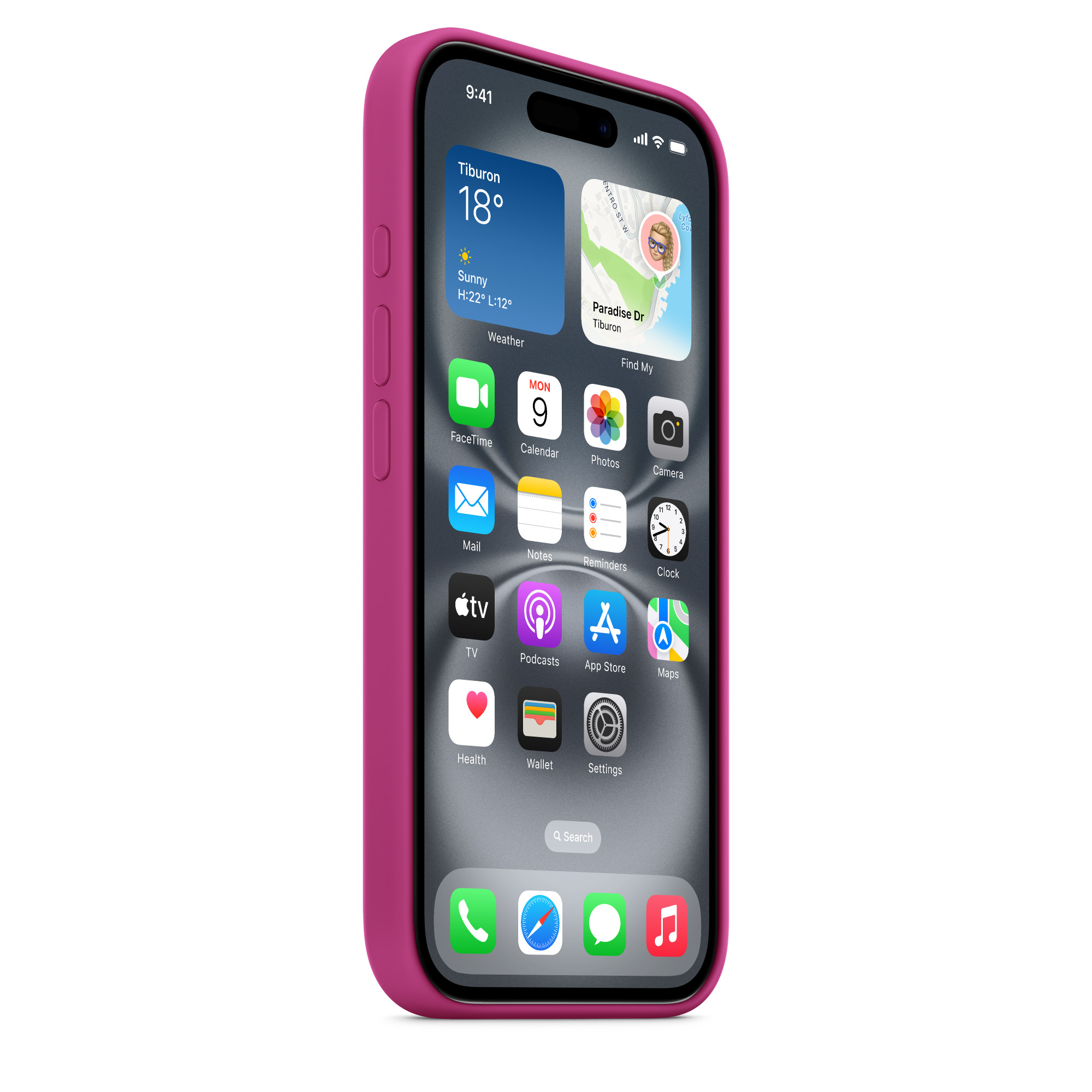 Pembe bir kılıf içindeki pembe iPhone. Ekran uygulamaları ve bir hava durumu widget'ı görüntüler.