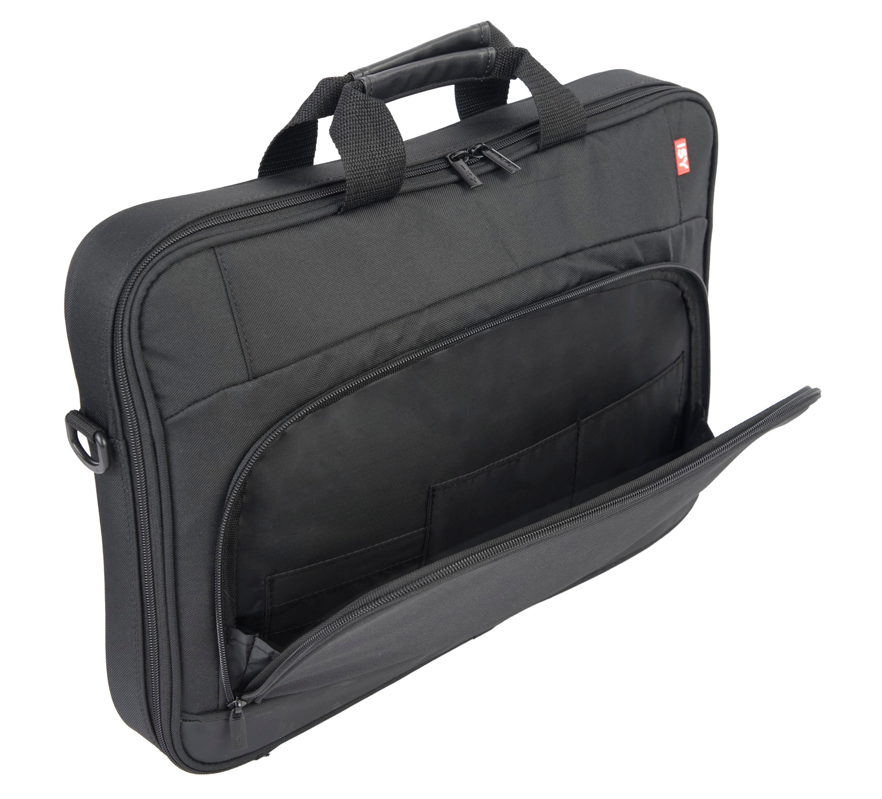 Schwarze Laptoptasche, offen, mit Taschen und einem Griff.