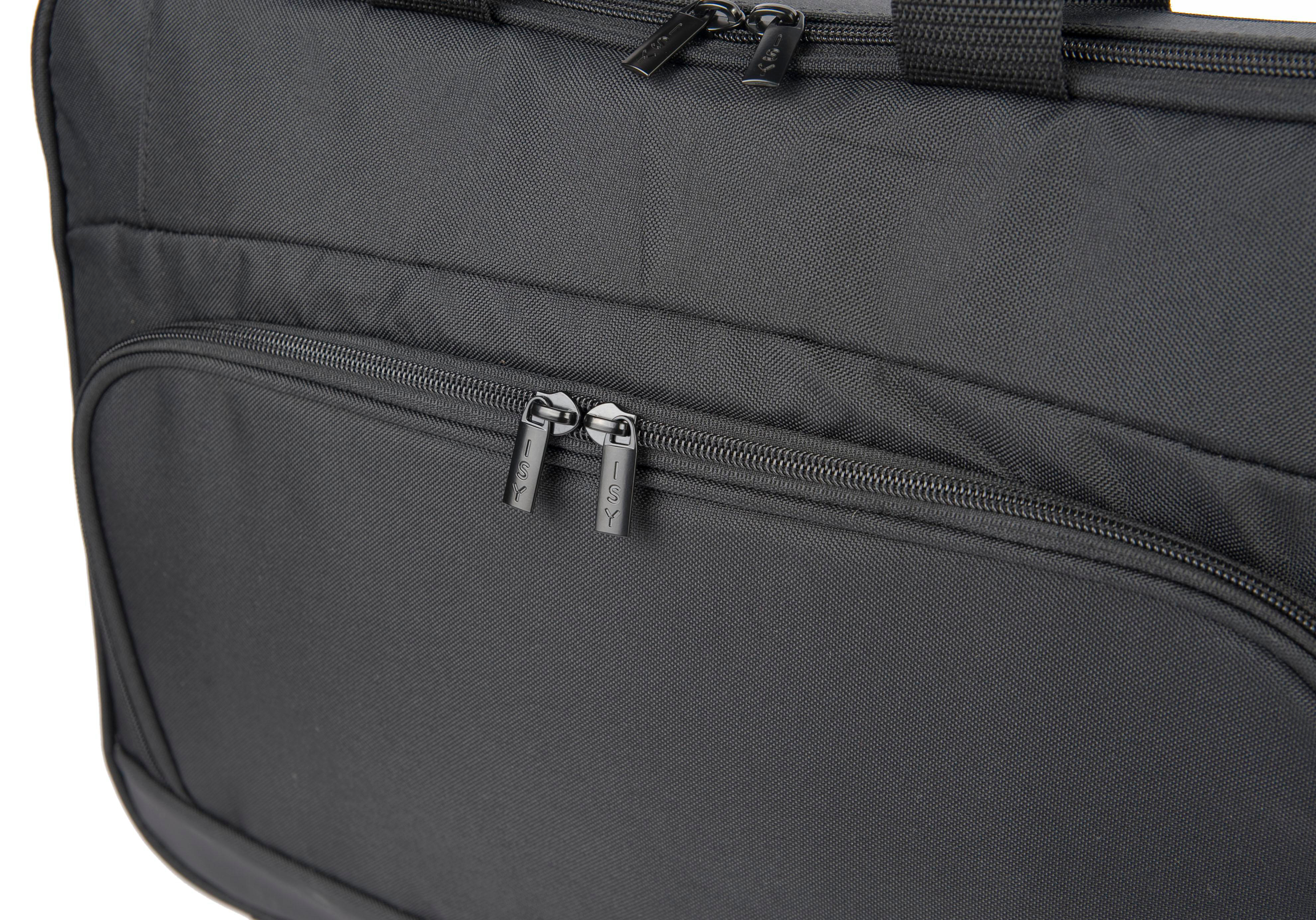 Schwarze Tasche mit zwei Reißverschlüssen. Die Tasche hat einen Griff und eine ovale Tasche.
