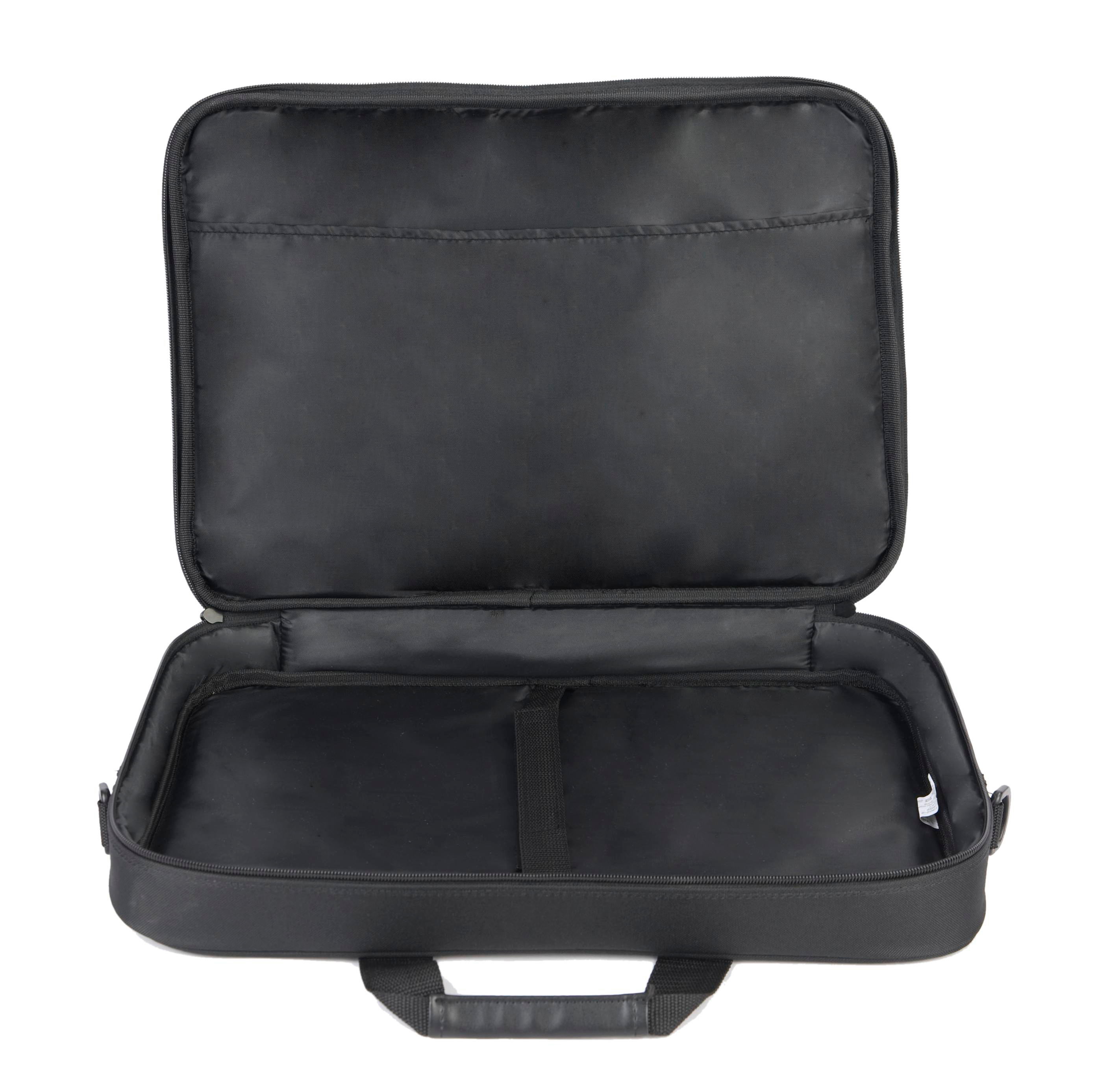 Schwarze, offene Laptoptasche mit großem Hauptfach und kleineren Innentaschen.