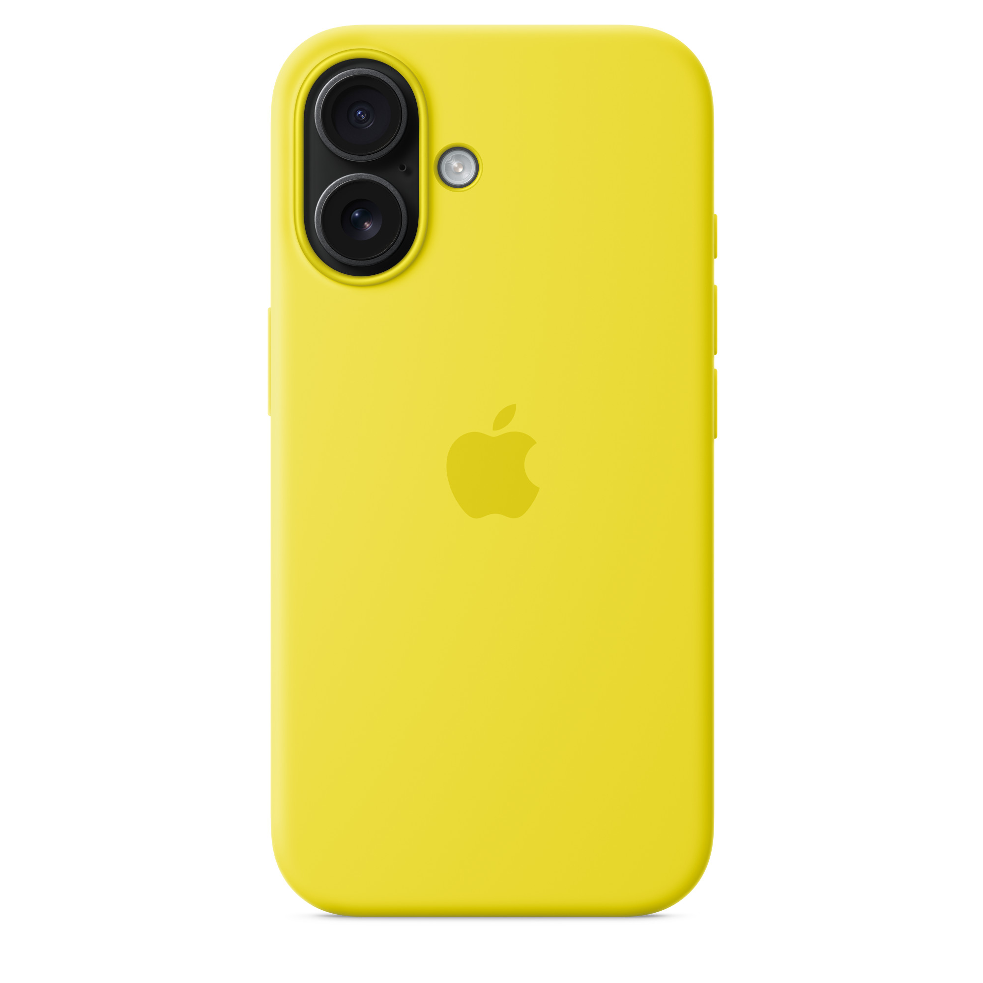 Apple logosu ve iki kamera lensi olan sarı iPhone kılıfı.