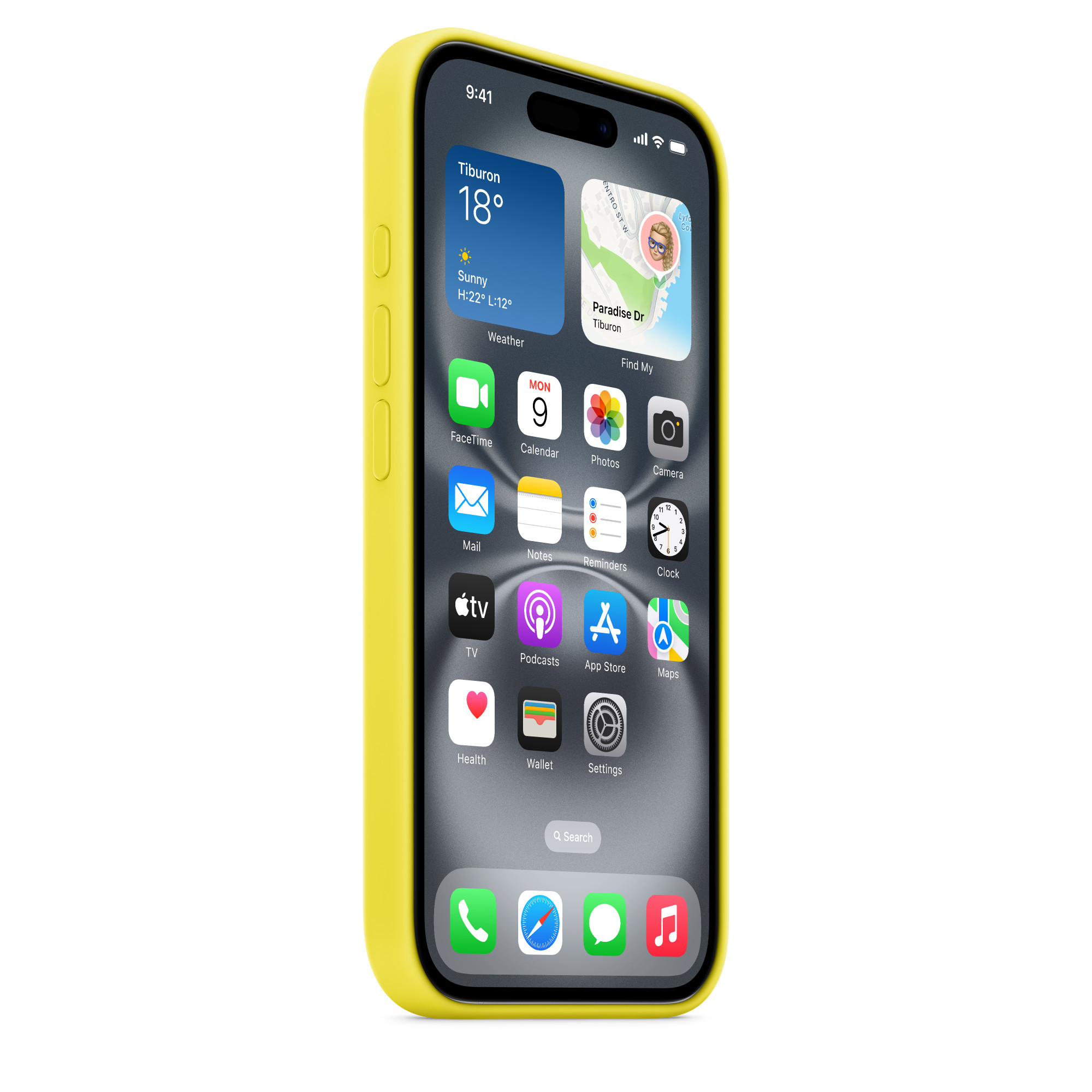 Sarı iPhone, ekranda uygulamalar görünür. Hava durumu, takvim ve uygulama simgeleri.