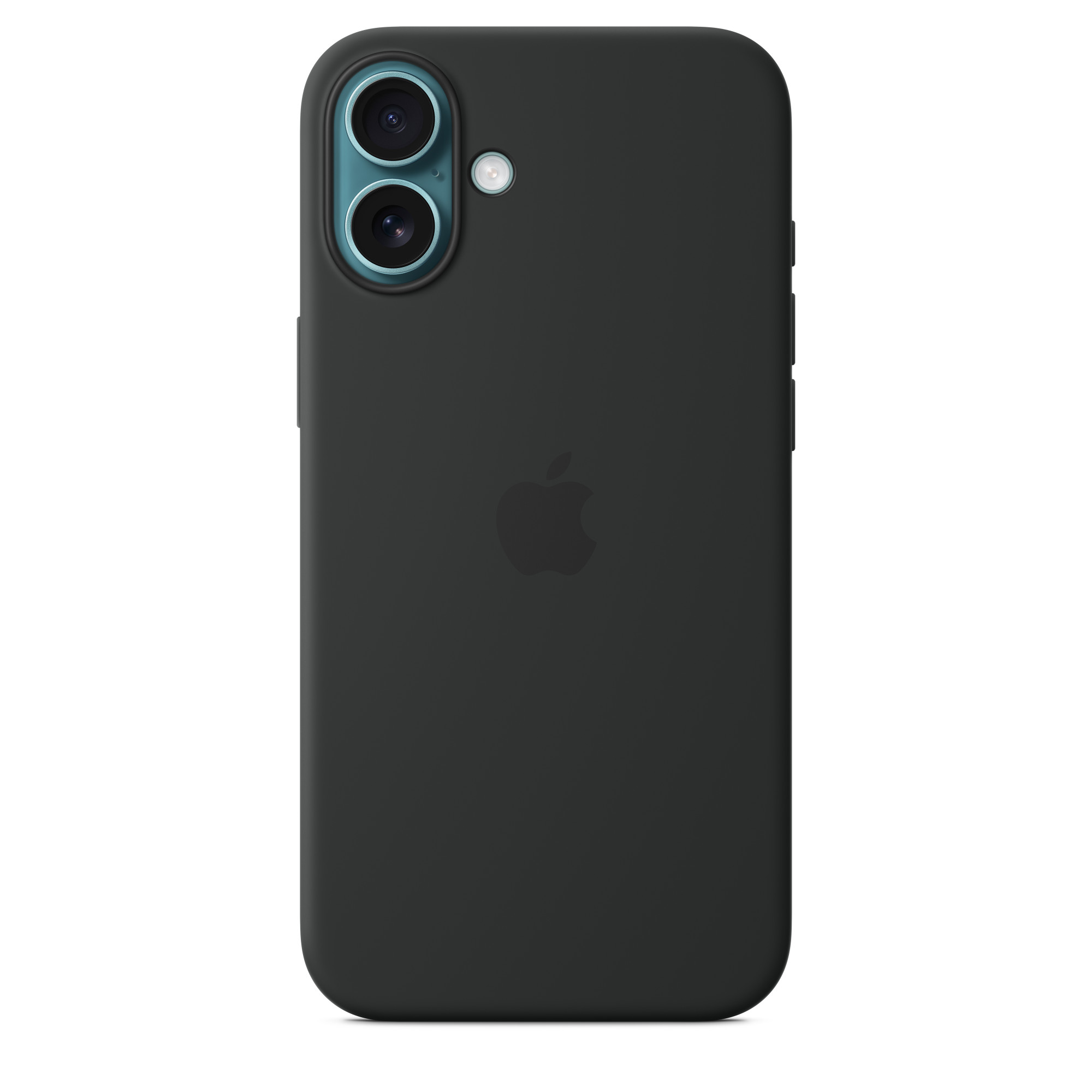 Apple logosu ve kamera lensleri olan siyah telefon kılıfı. Karanlık zemin.