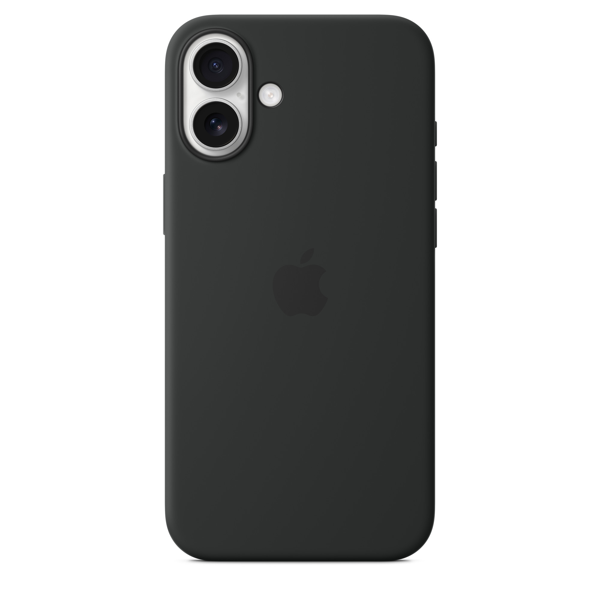 Apple logosu ve çift kameralı siyah telefon.