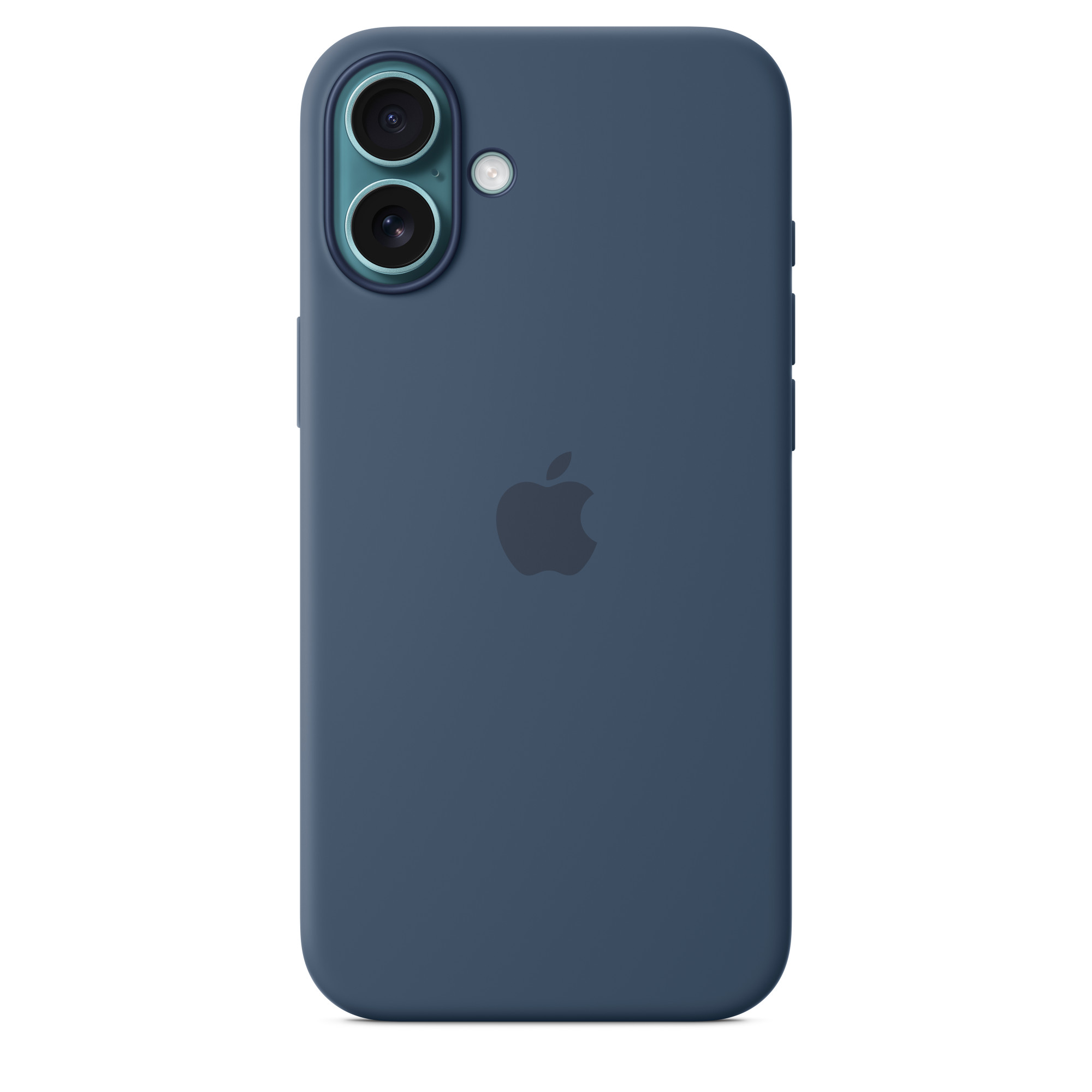 Kamera oyuntusu ve Apple logosu olan koyu mavi telefon kılıfı.