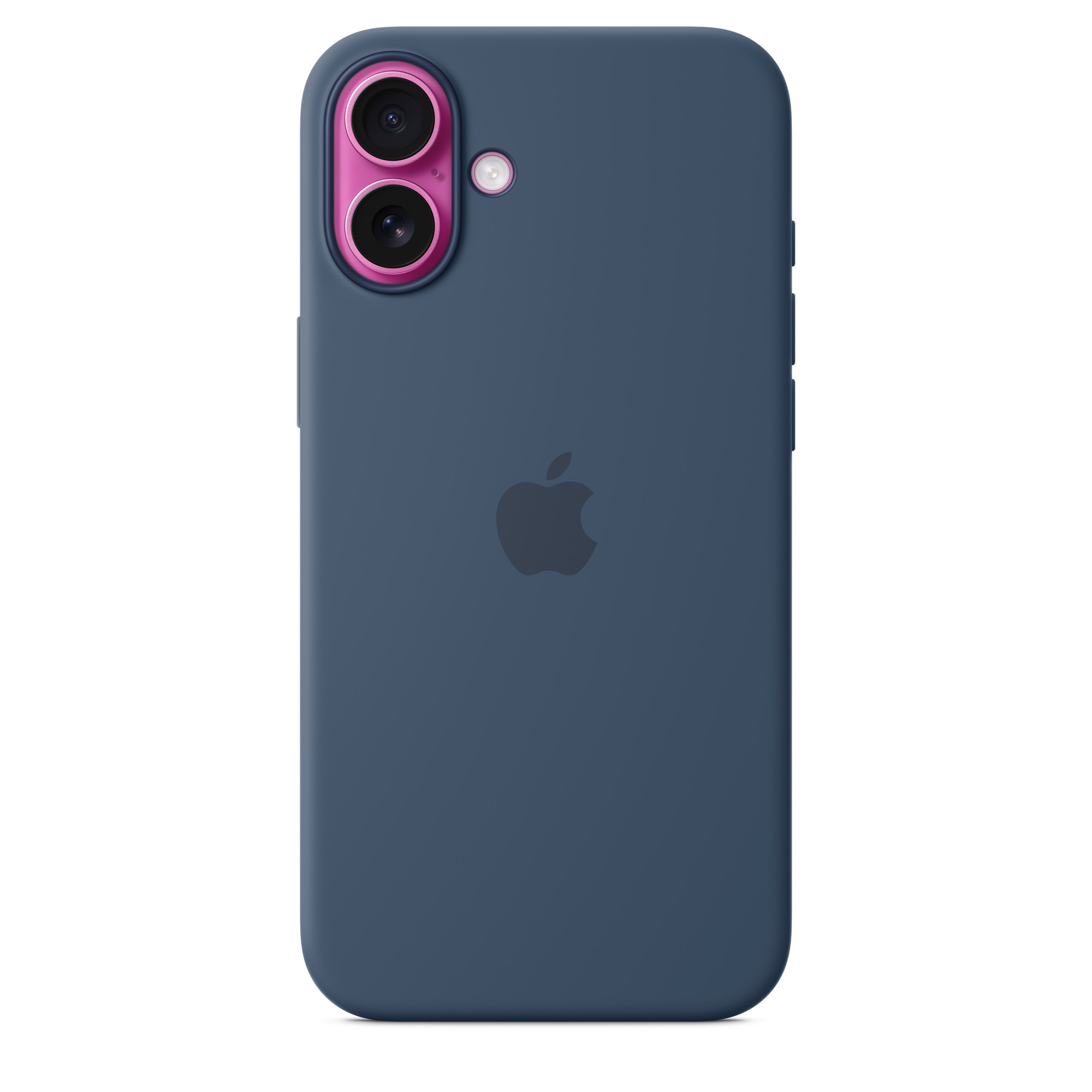Pembe kamera halkası ve Apple logosu olan lacivert telefon kılıfı.