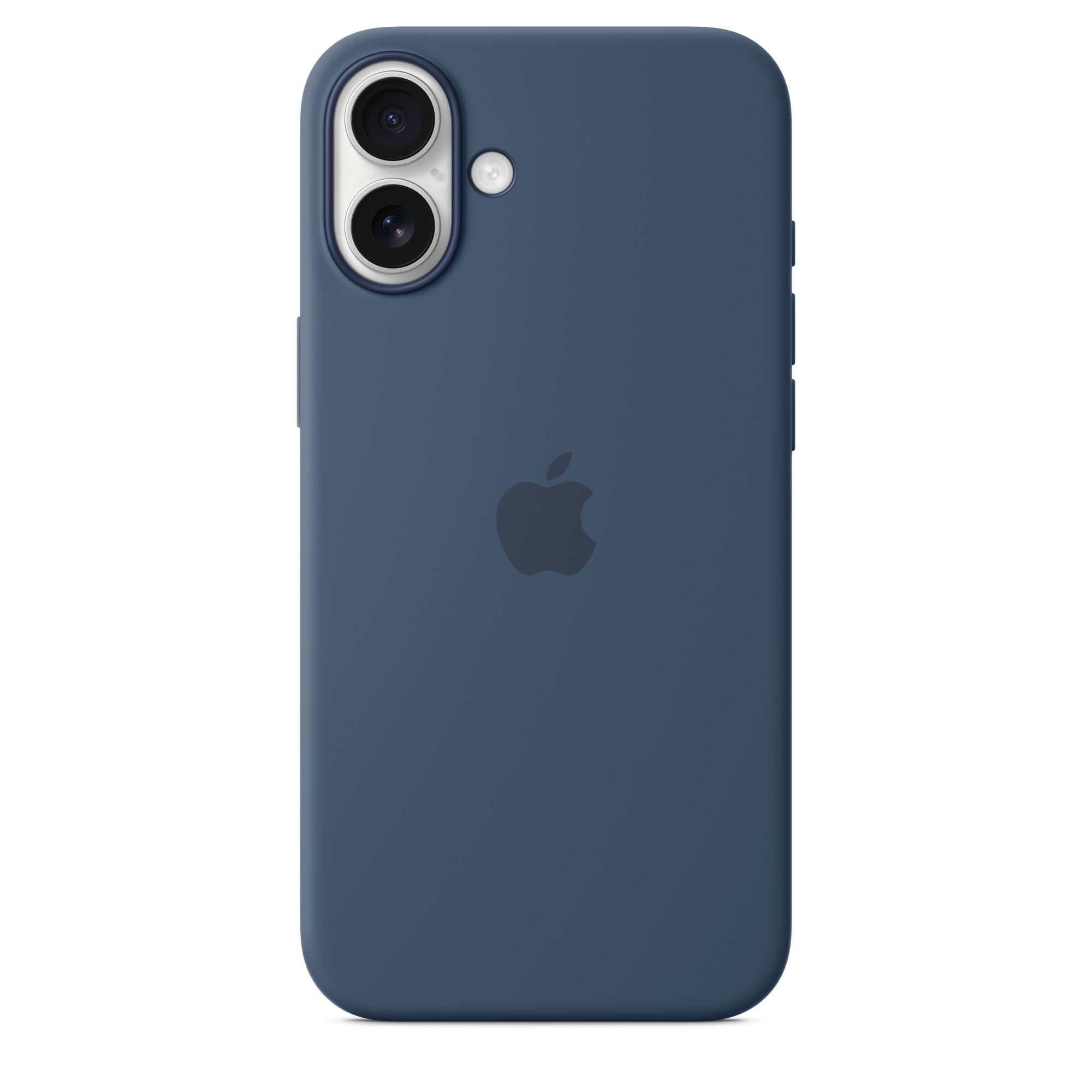 Beyaz bir arka plan üzerinde iki kamera lensi ve bir Apple logosu olan lacivert bir iPhone kılıfı.