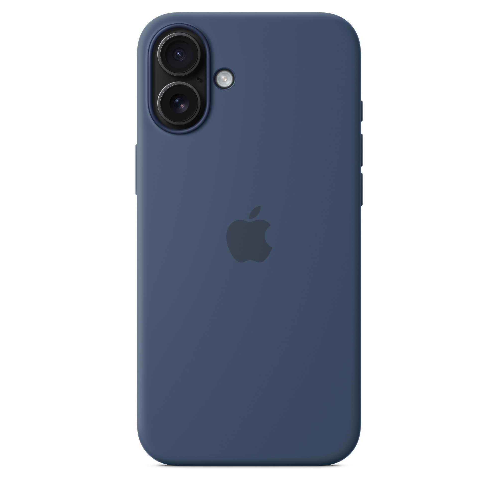 Kamera boşlukları olan, arkasında Apple logosu bulunan koyu mavi bir iPhone kılıfı.