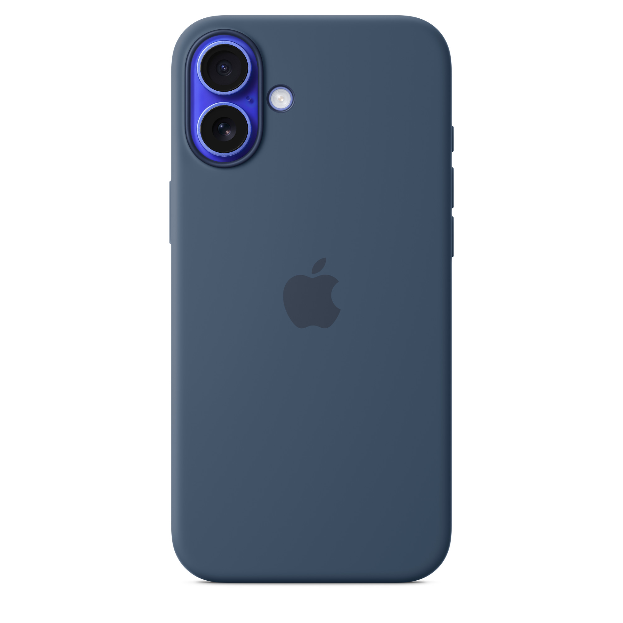 Mavi telefon kılıfı. Çift kamera kesimi ve Apple logosu arkada. Koyu mavi renk.