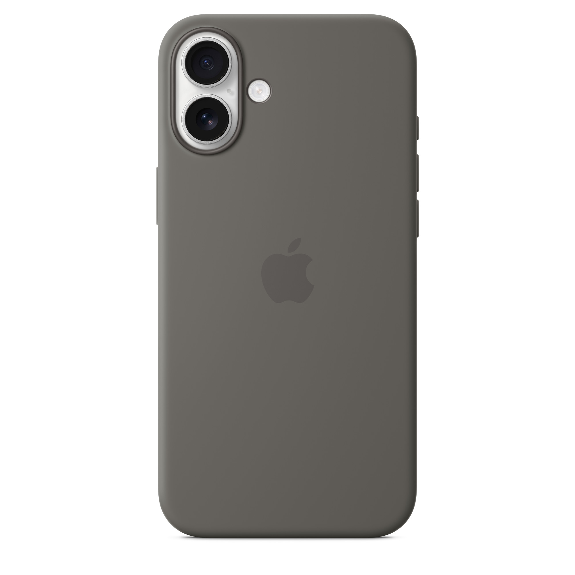Apple logosu ve kamerası olan koyu gri telefon kılıfı. Kılıf düz, mat renktedir.