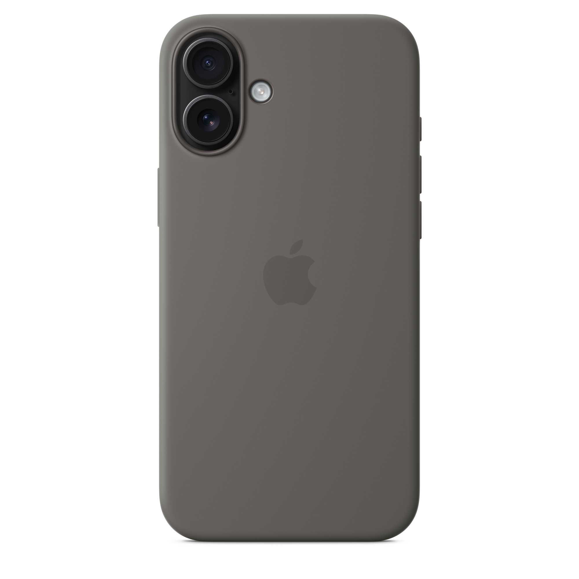 Kamera çıkıntısı ve Apple logosu olan gri iPhone kılıfı.