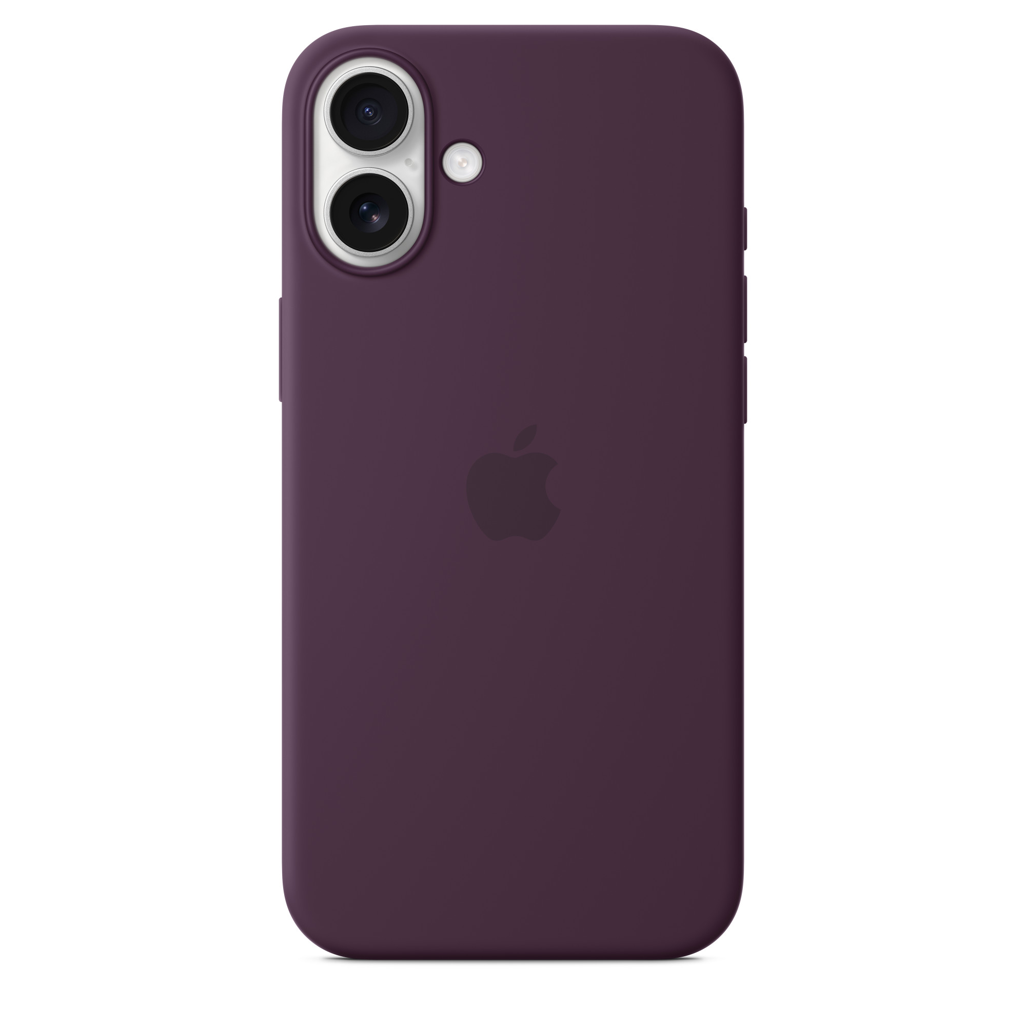 Apple logosu, iki kamera lensi ve flaşlı mor iPhone kılıfı.