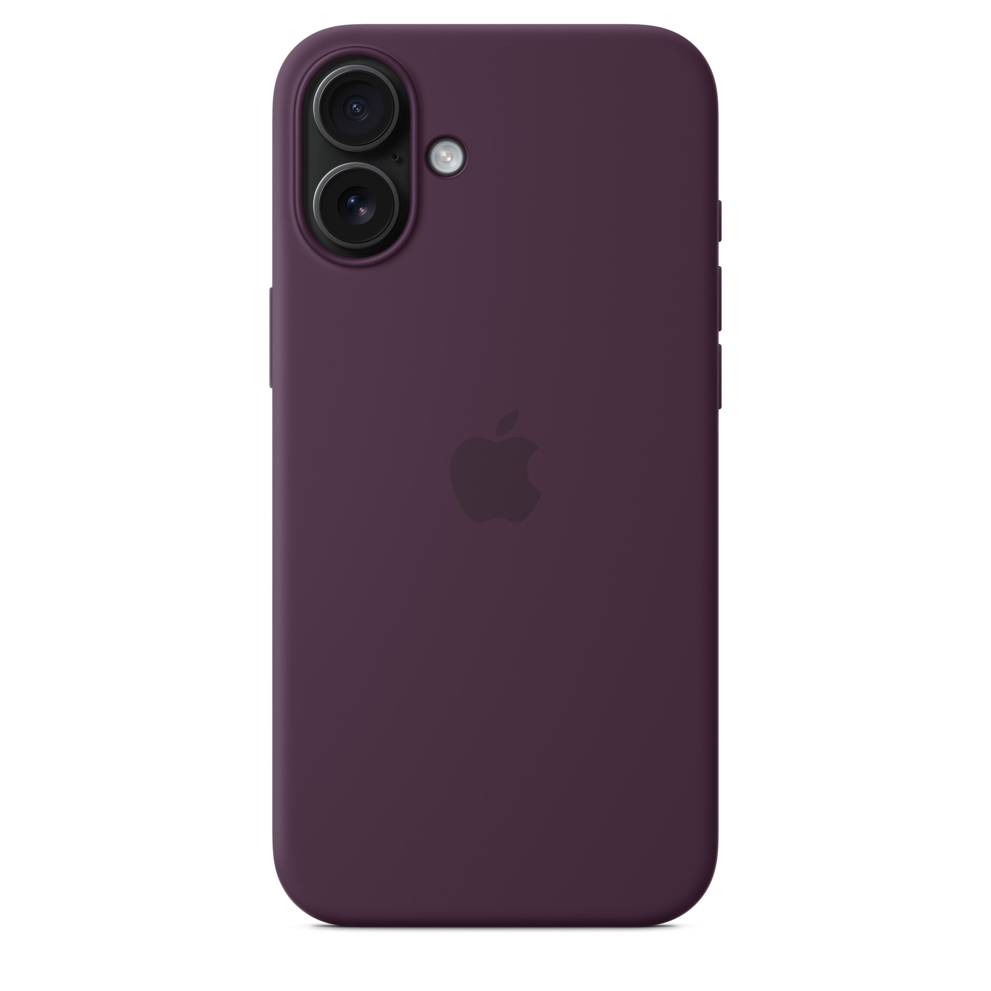 İki arka kameralı ve Apple logolu mor iPhone kılıfı.
