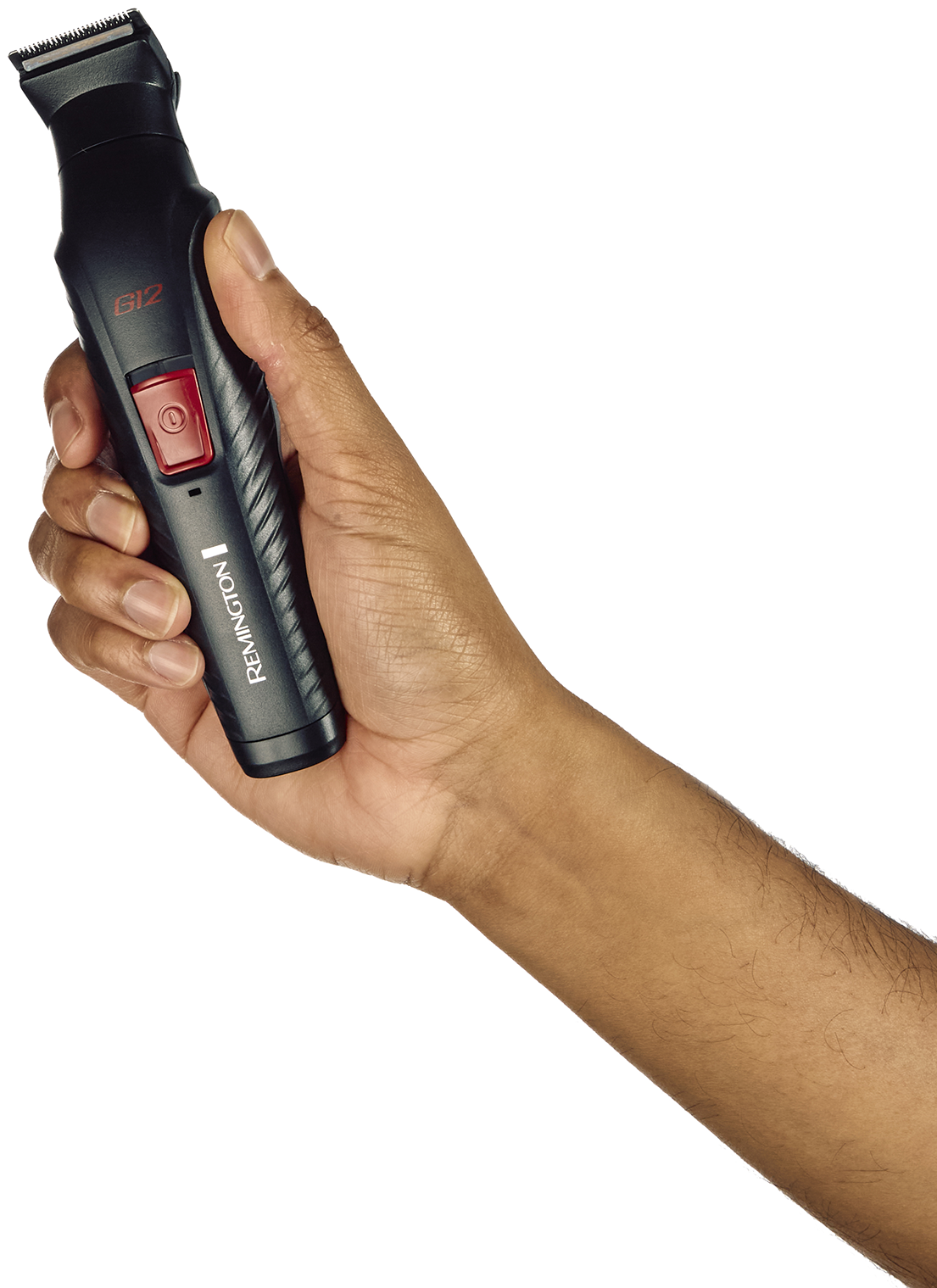 Kéz fekete Remington G12 trimmert tart, piros bekapcsológombbal.