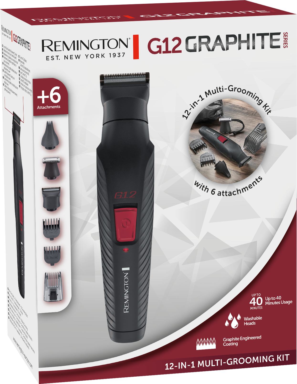 G12 Graphite sorozatú borotváló készlet doboza, tartozékokkal és termékadatokkal.