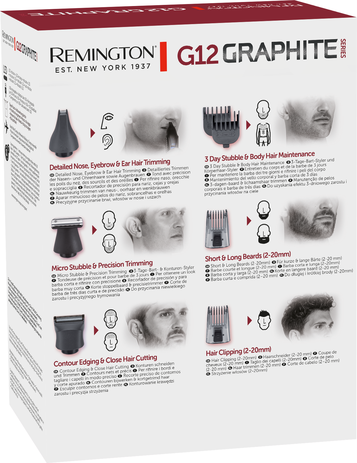Remington G12 Graphite Series borotválkozó készlet doboza, termék illusztrációkkal.