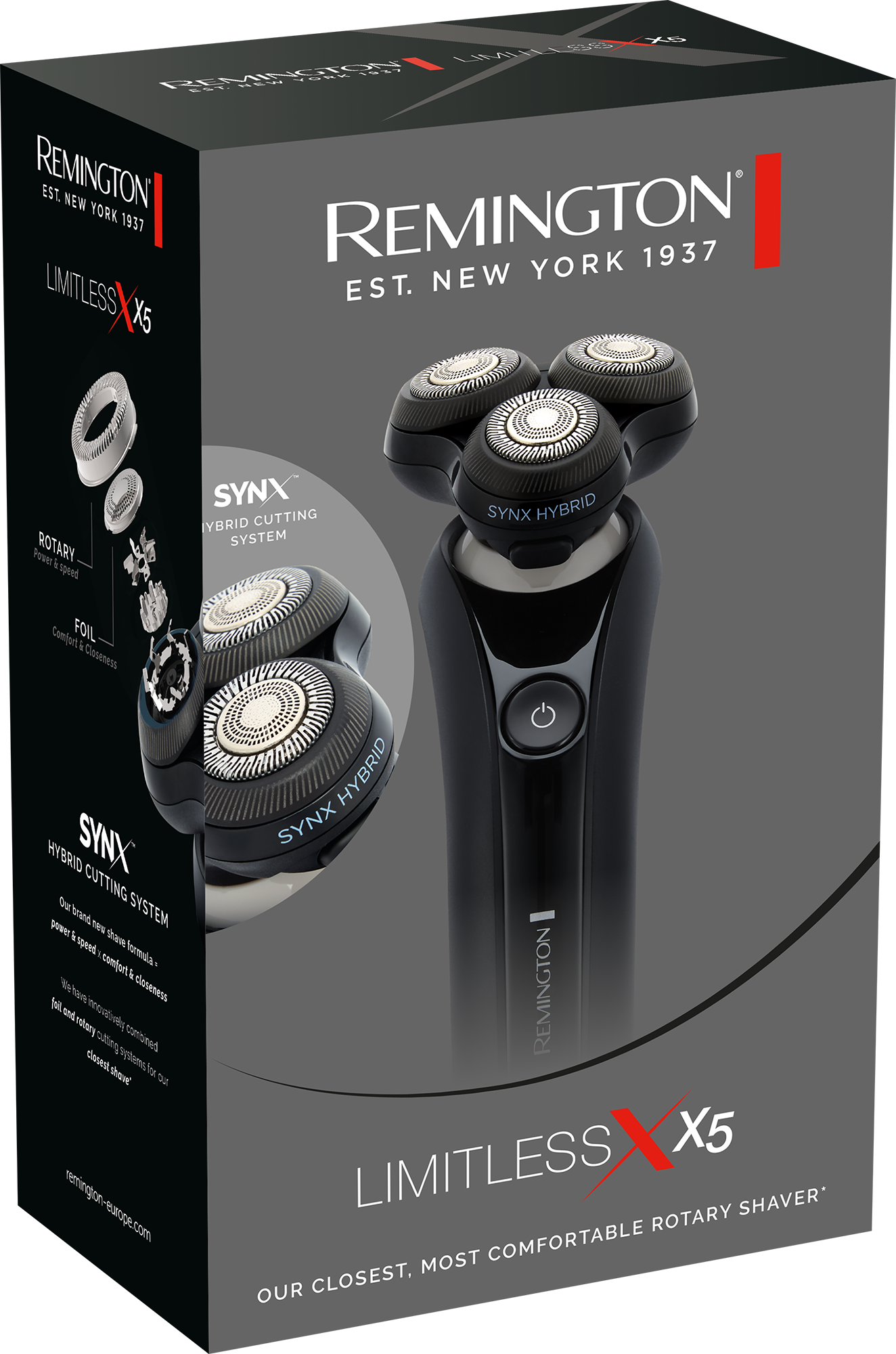 Remington X5 borotva doboz, borotvával és alkatrészekkel. Fekete és szürke.