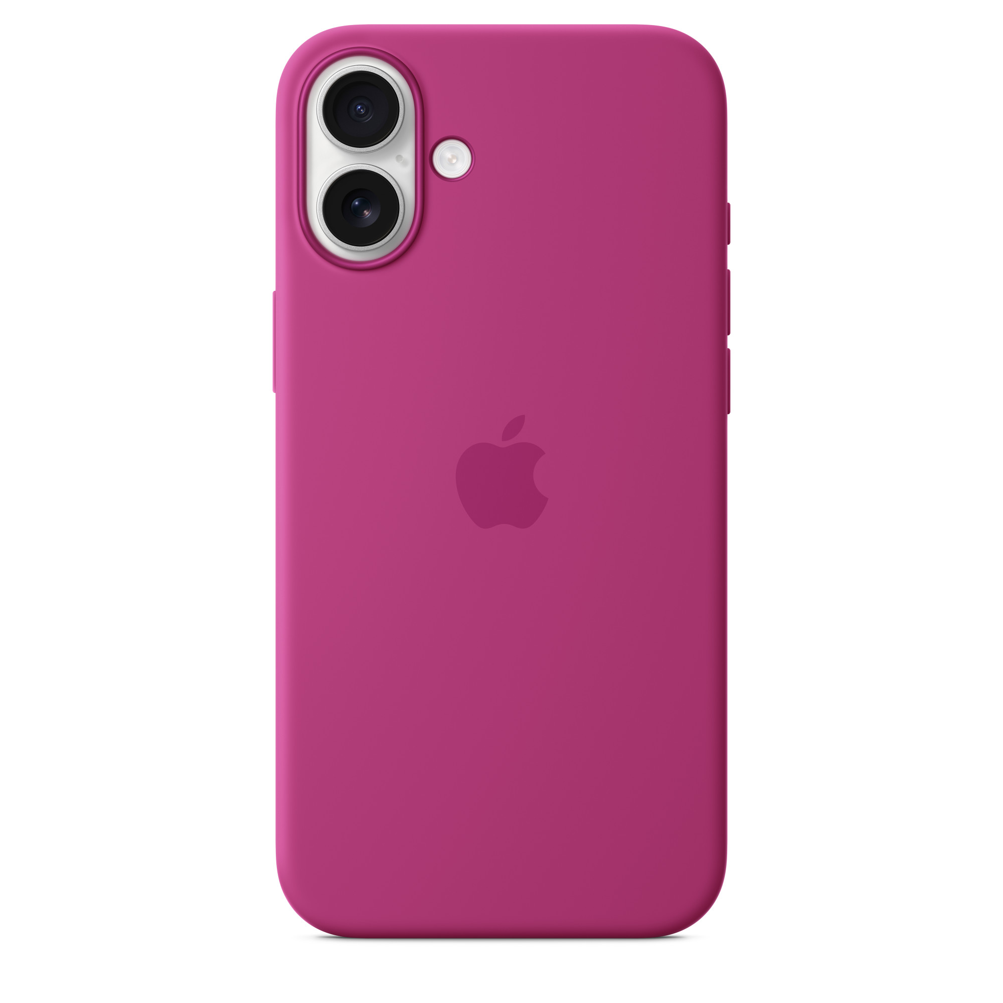 Pembe kamera halkasına sahip fuşya bir telefon kılıfı. Apple logosu ortada.