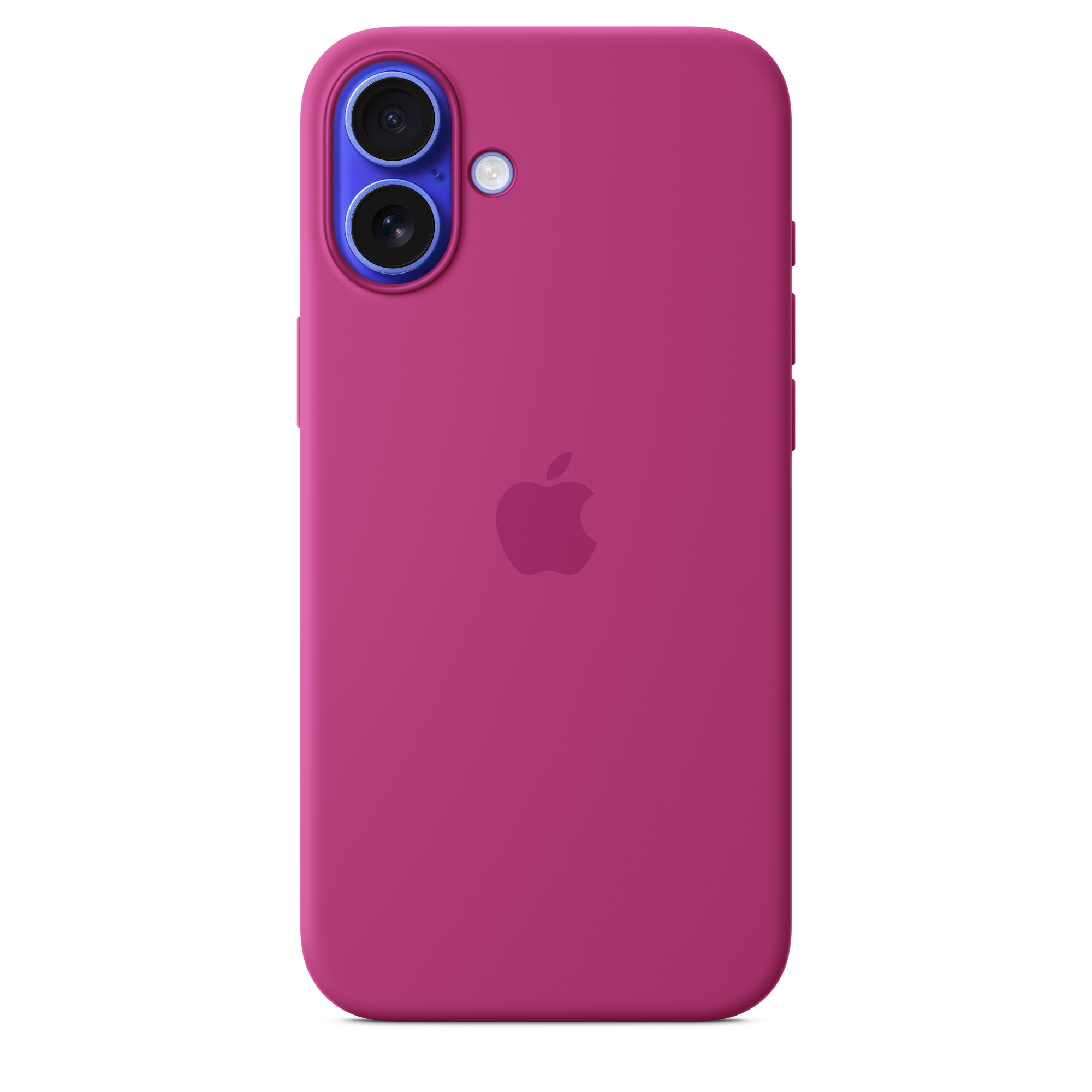 Apple logosu olan pembe telefon kılıfı. İki kamera lensi. Lenslerin etrafında mavi bir daire.