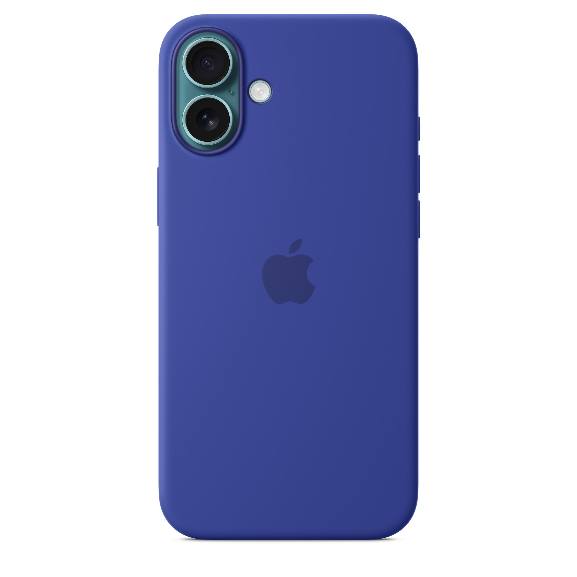 Mavi telefon kılıfı. Apple logosu, iki kamera merceği ve düğmeler.