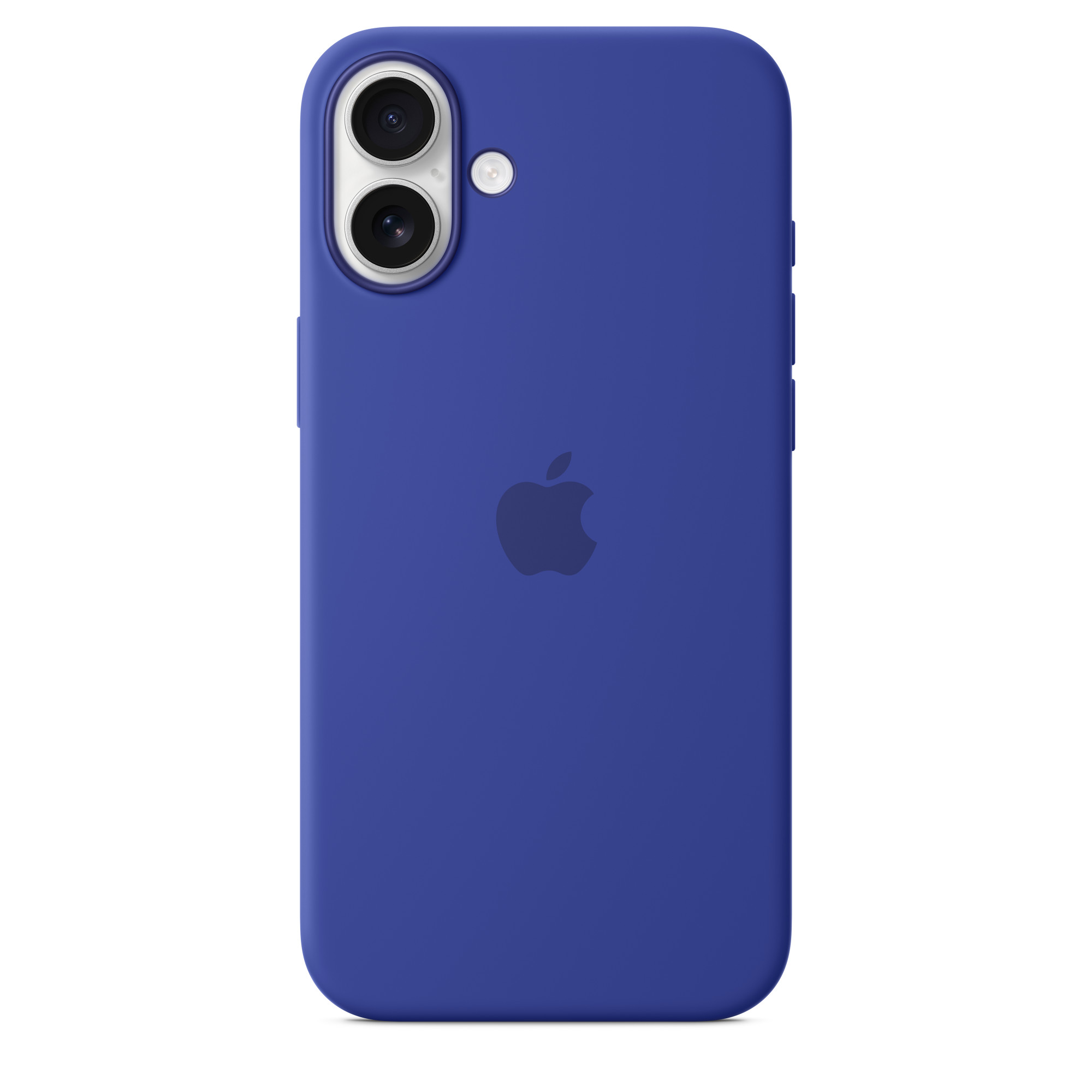 Apple logosu olan mavi telefon kılıfı, arka kamerayı ve düğmeleri gösteriyor.