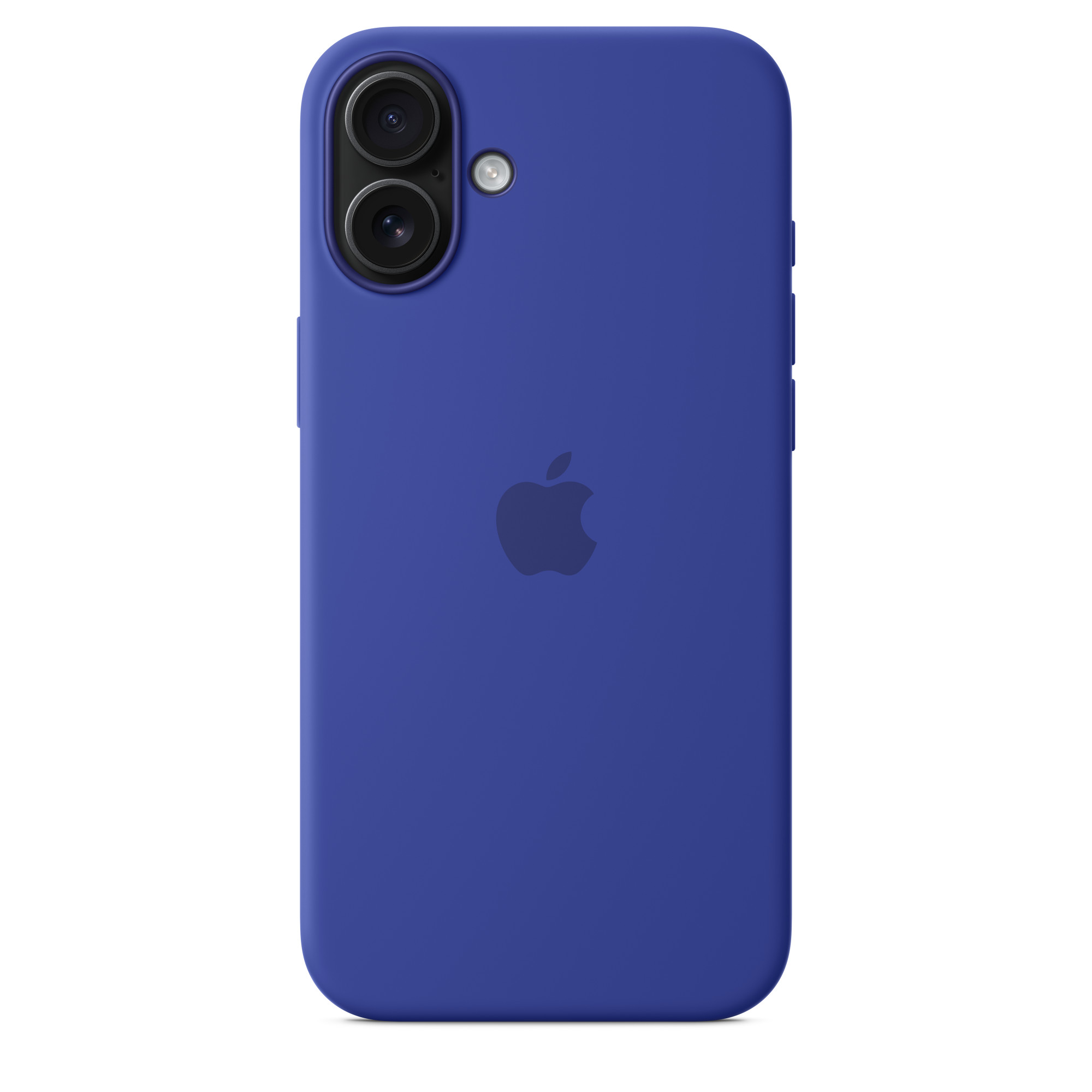 Apple logolu mavi telefon kılıfı. Üstte iki kamera ve flaş görünüyor.
