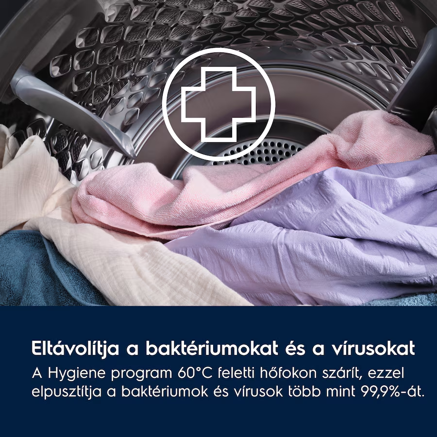 Mosógép dobja benne ruhákkal, szöveg a baktériumok és vírusok eltávolításáról.