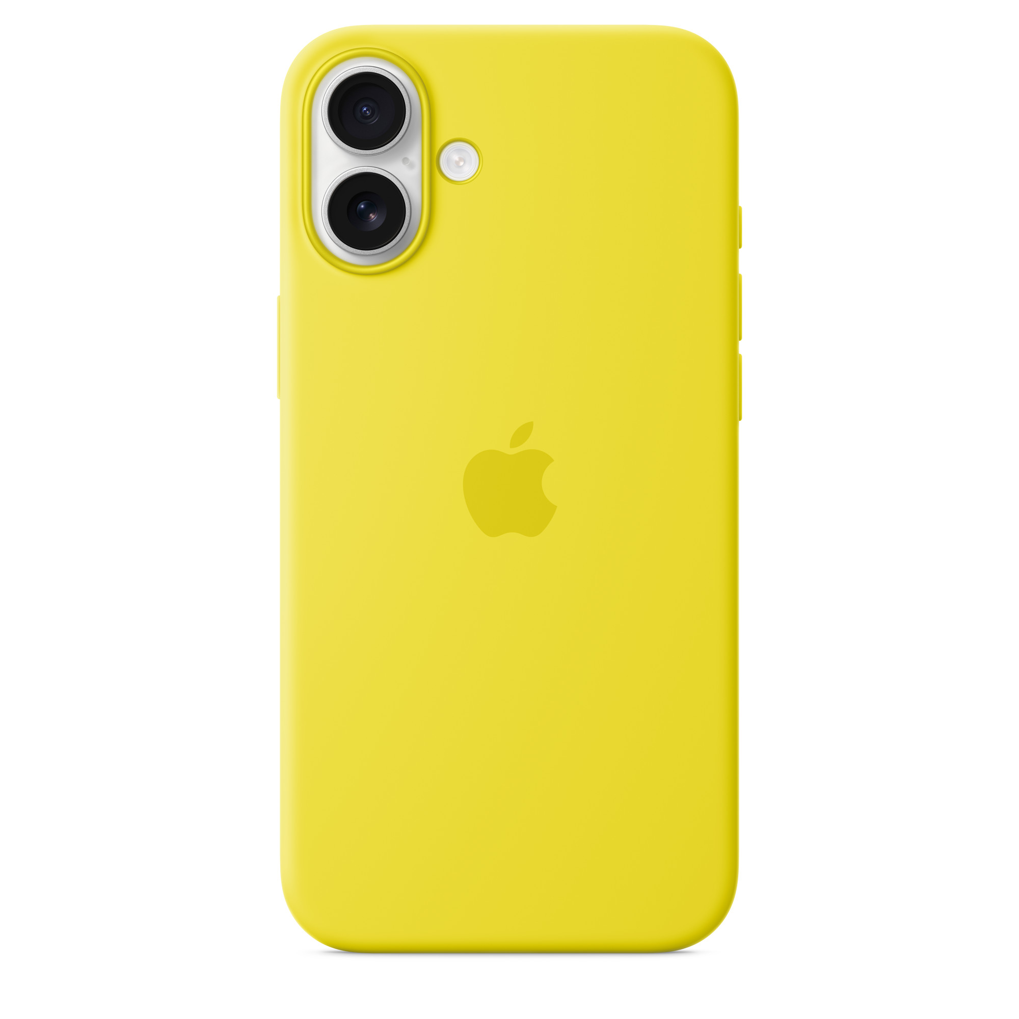Sarı iPhone kılıfı, arka görünüm, Apple logosu ve kamera detayı ile, beyaz zemin üzerinde.