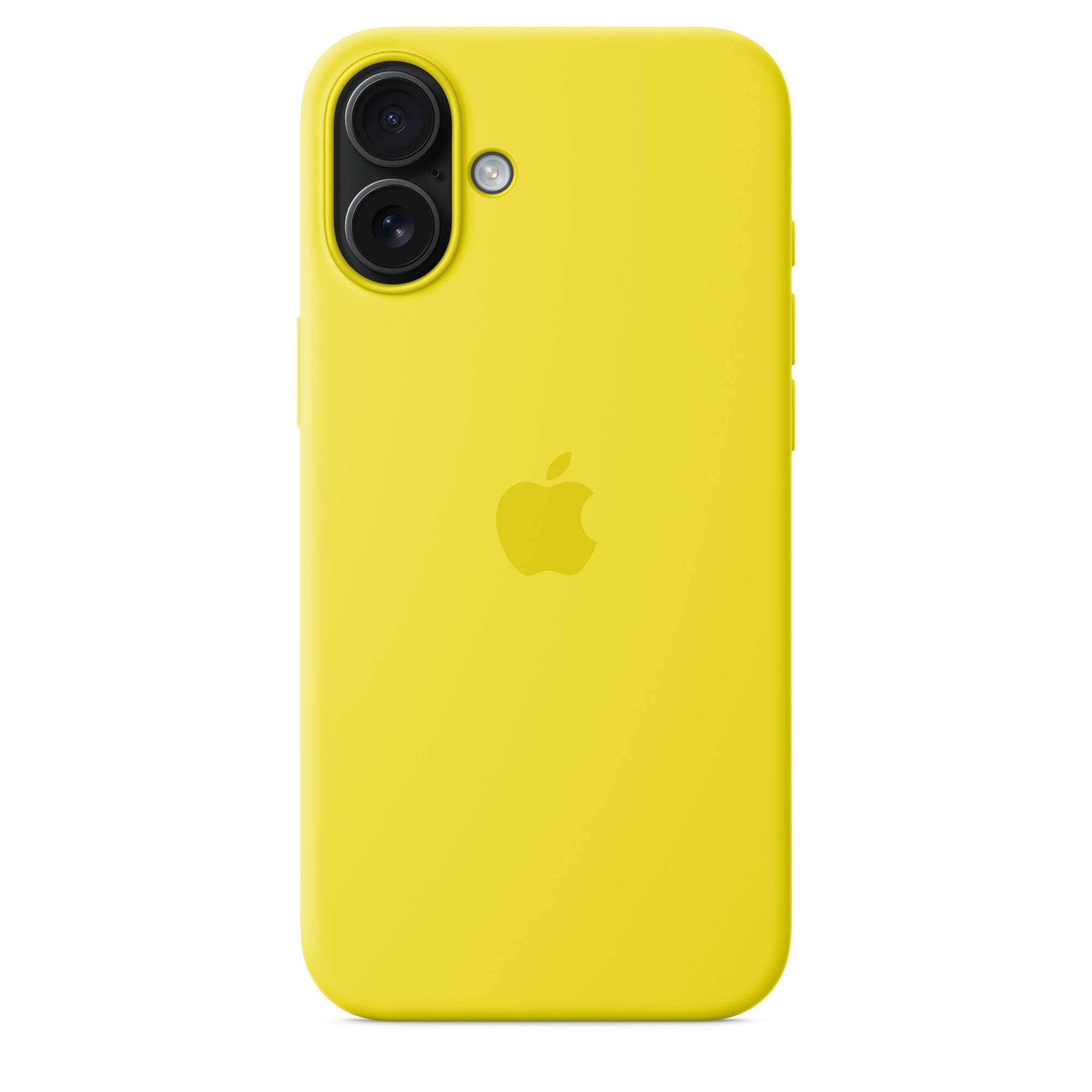 Apple logosu, kamera lensleri ve düğmeleri olan sarı telefon kılıfı.