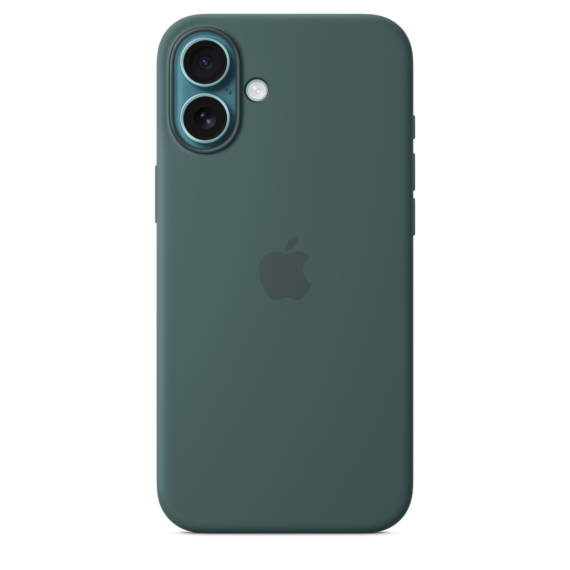 İki kamerası ve Apple logosu olan yeşil telefon kılıfı. Koyu yeşil renk.
