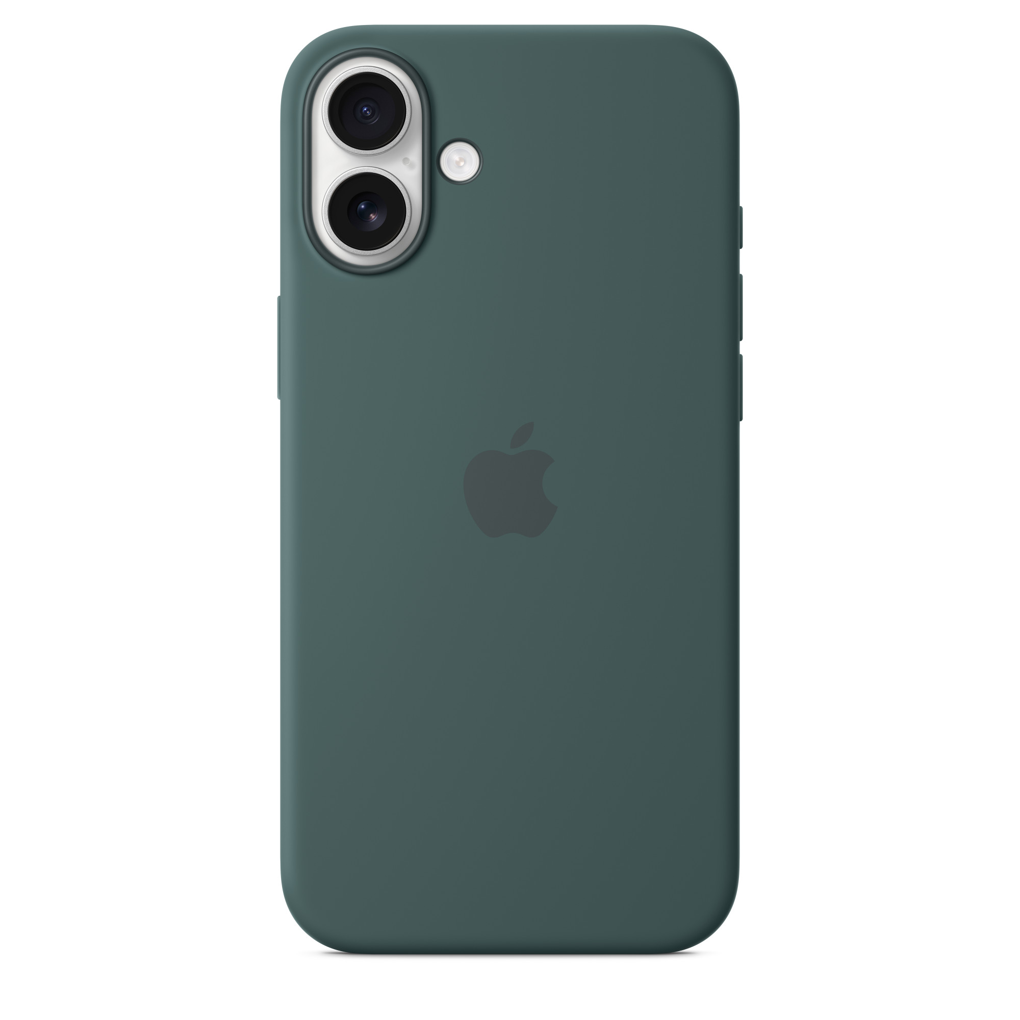 Arka tarafta Apple logosu ve iki kamera merceği bulunan koyu yeşil bir Apple telefon kılıfı.