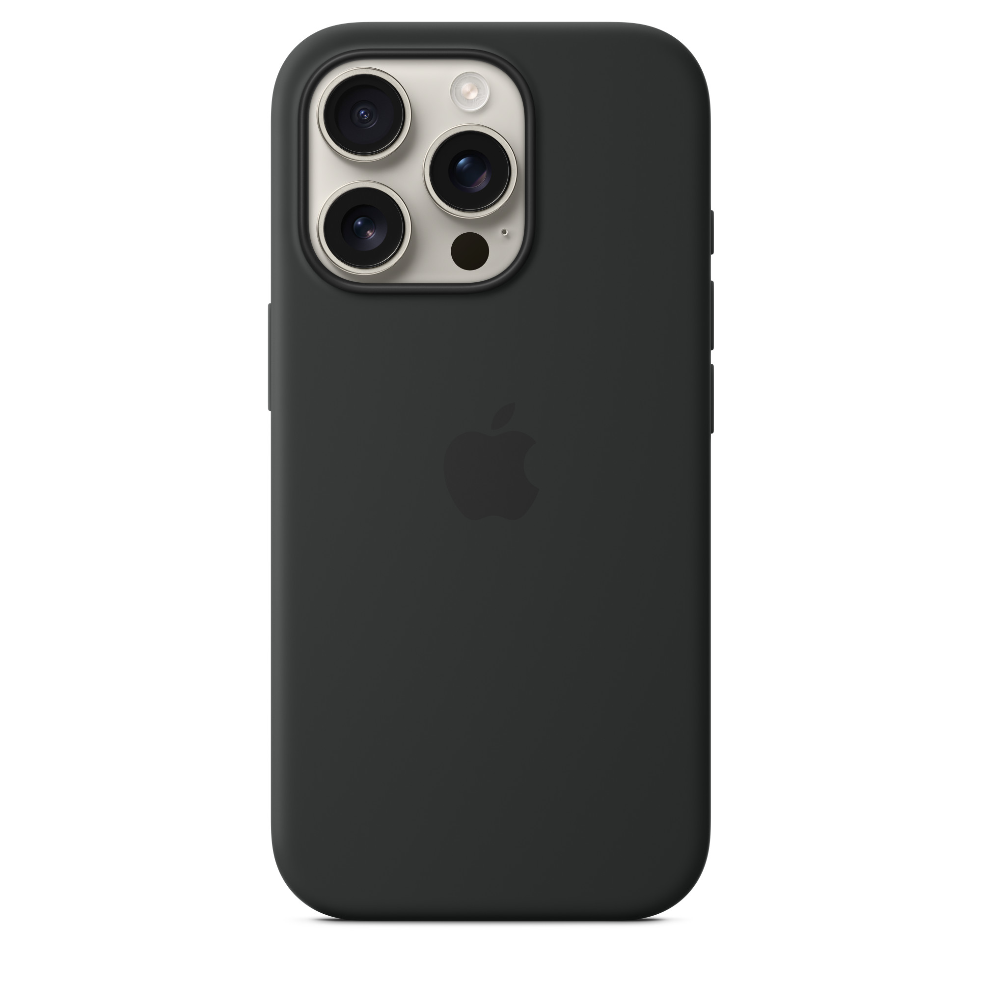 Apple logosu olan siyah telefon kılıfı, arka kamerayı ve düğmeleri gösteriyor.