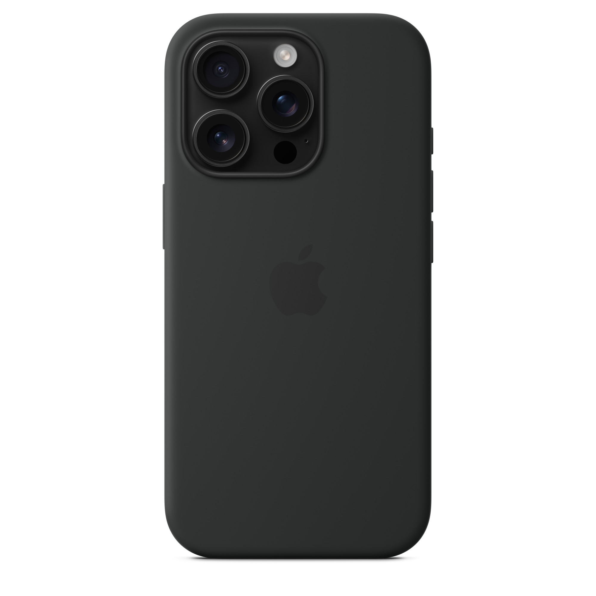 Üç kamera merceği ve Apple logosu olan siyah telefon kılıfı.