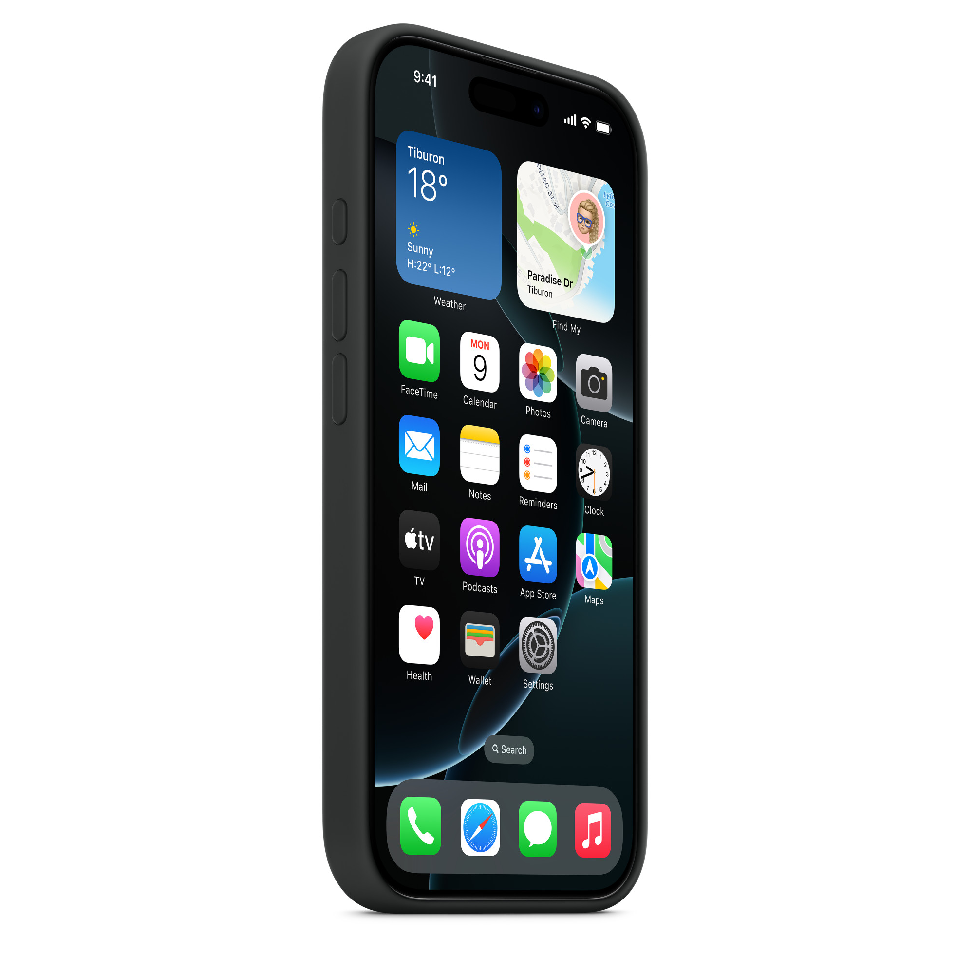 Siyah kılıf içinde iPhone. Ekranında uygulama simgeleri görünür. Beyaz arka plan.
