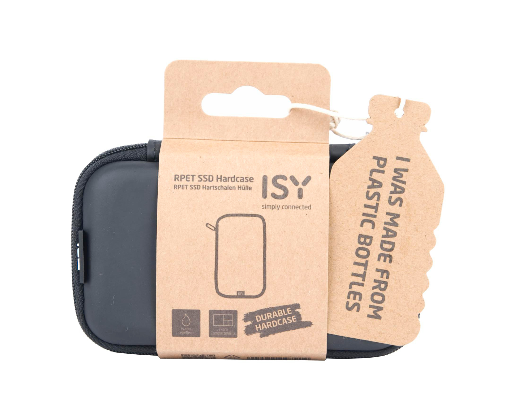Dunkelgraues SSD-Hartschalenetui mit braunem Papieranhänger und Flaschensymbol.