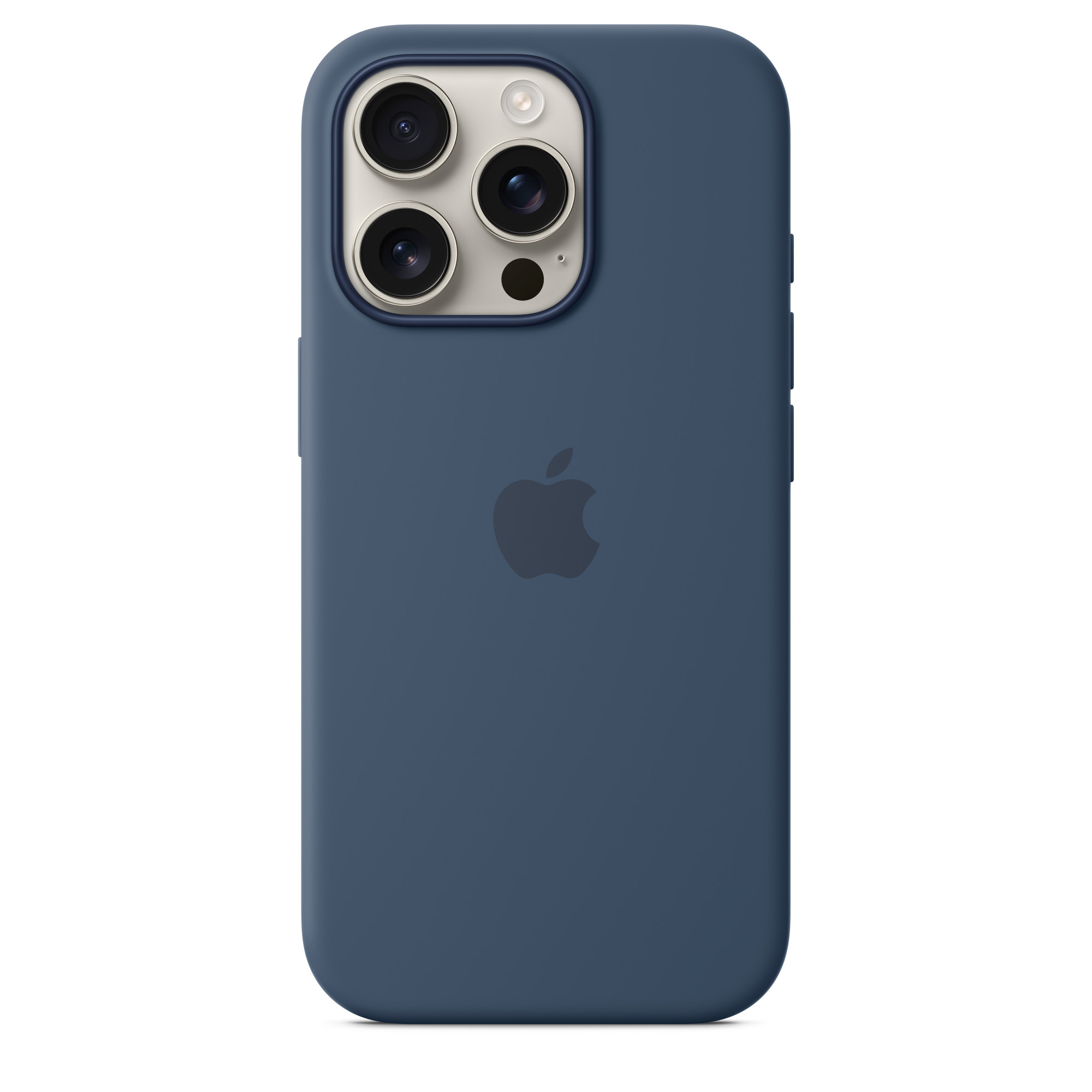 Üç kameralı ve Apple logosu olan lacivert iPhone, beyaz bir yüzeyde.