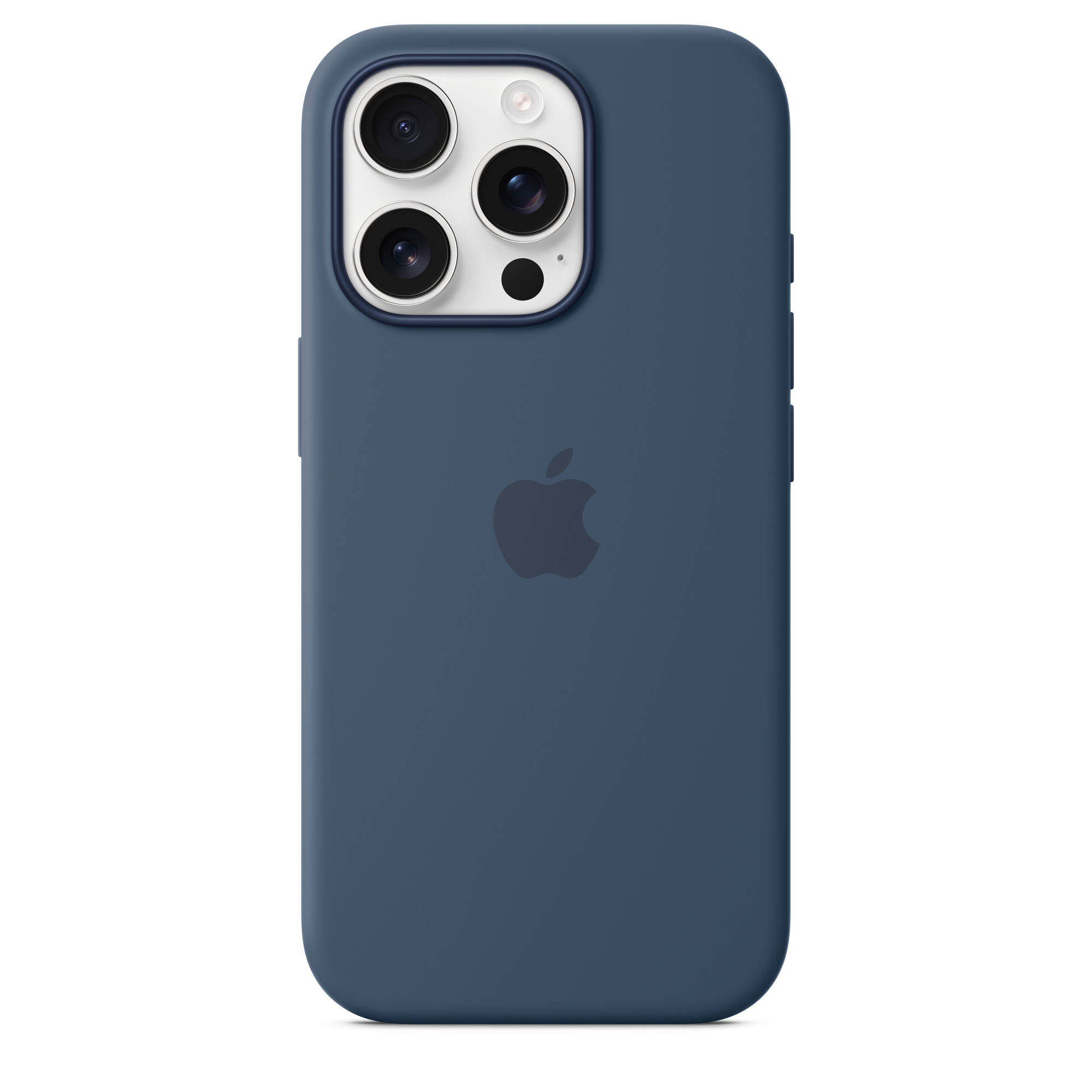 Üç kamera lensi ve Apple logosu olan mavi bir telefonun arkası.
