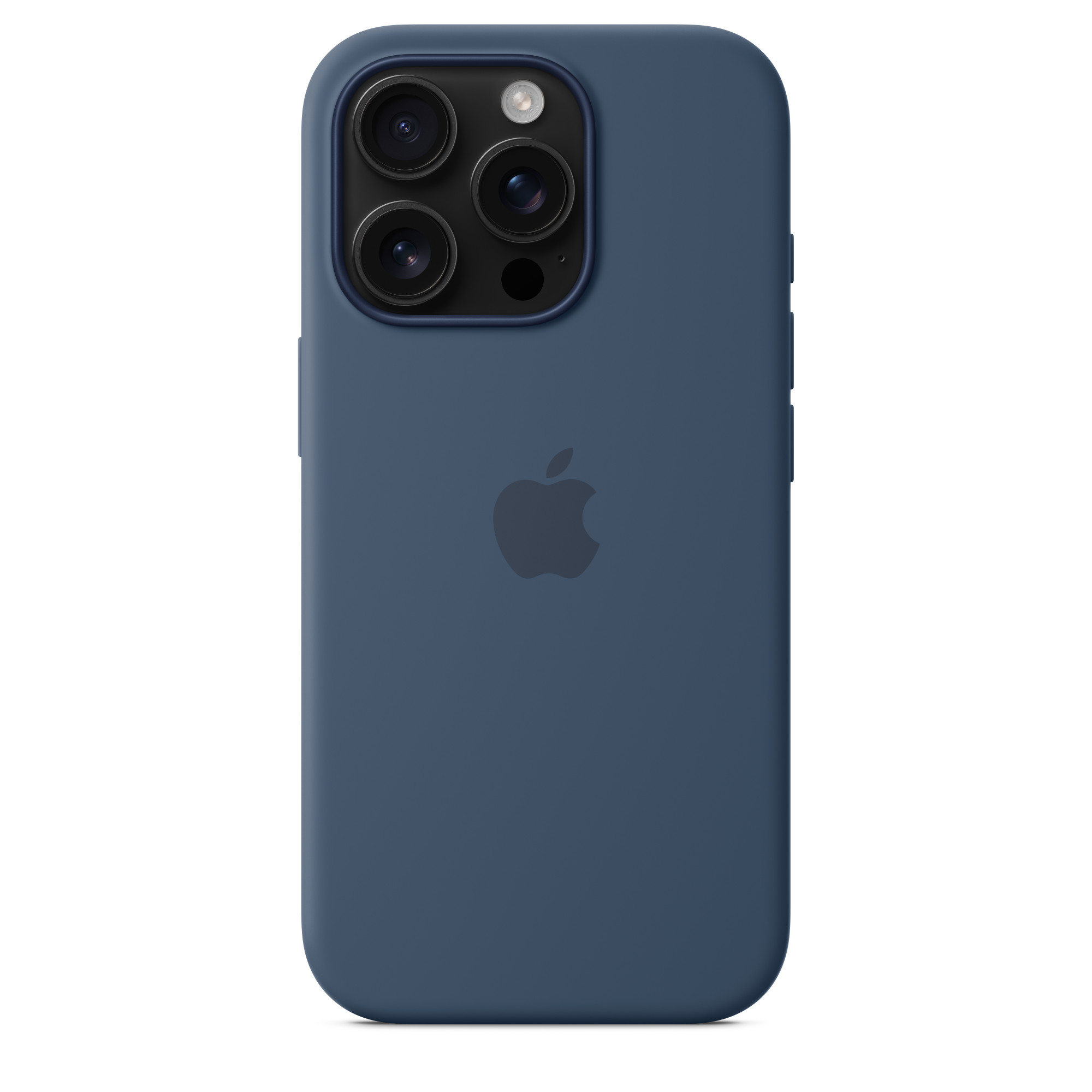 Koyu mavi telefonun arkası, üç kamera lensi ve bir Apple logosu ile.