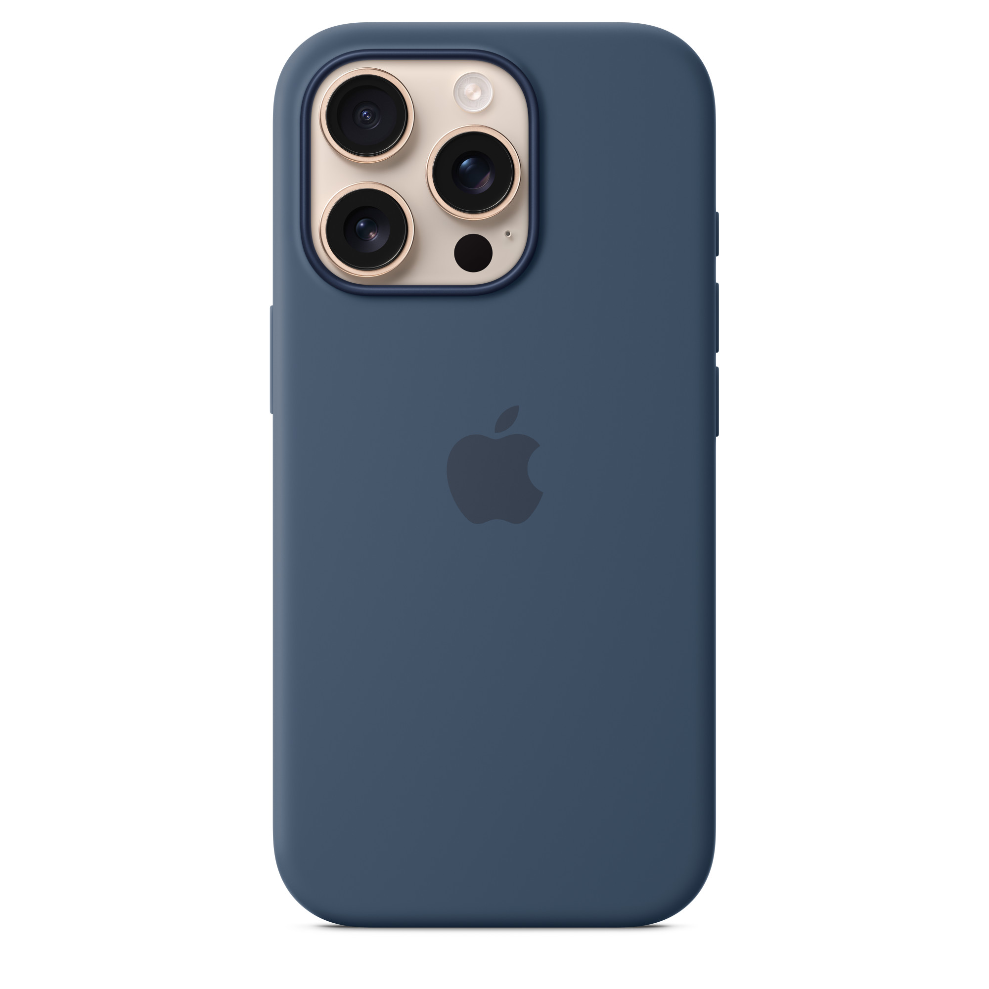 Mavi iPhone kılıfı, kamera boşlukları, Apple logosu, beyaz bir zemin üzerinde.