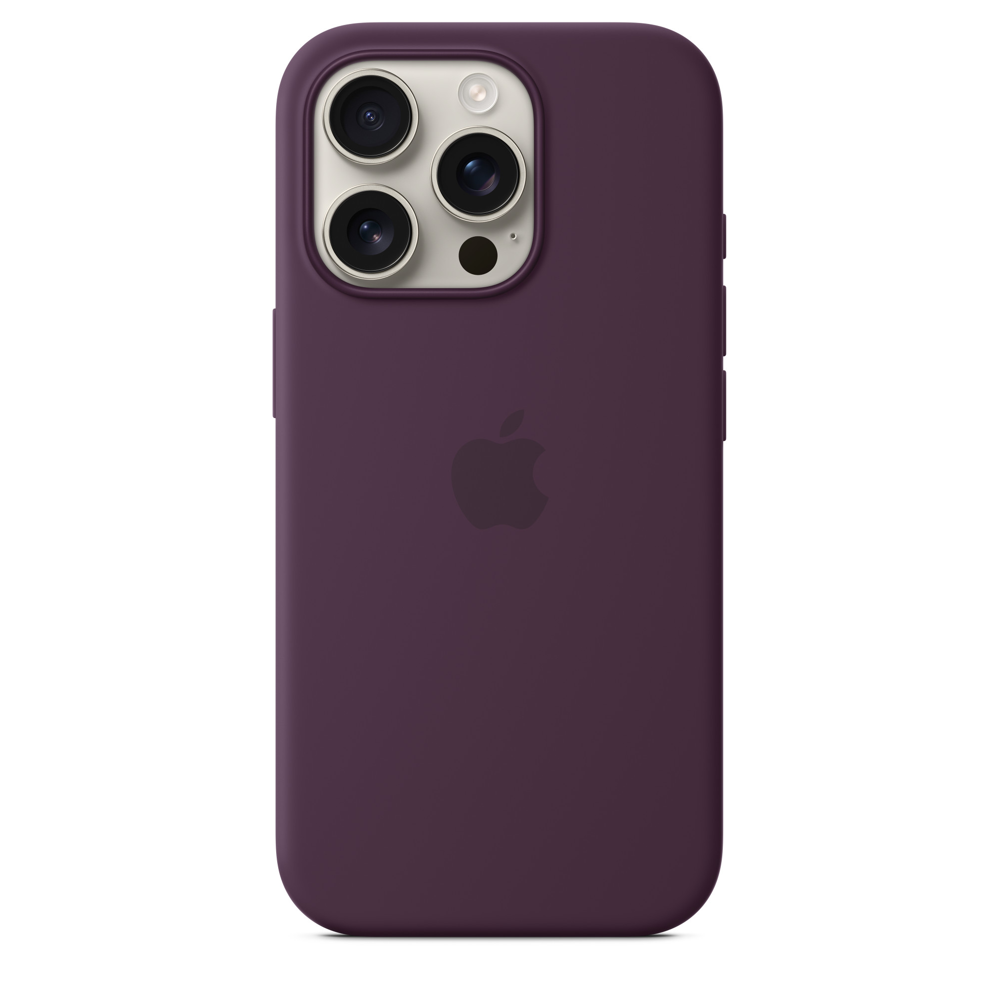 Üç kamera merceği ve Apple logosu olan mor bir iPhone kılıfı.