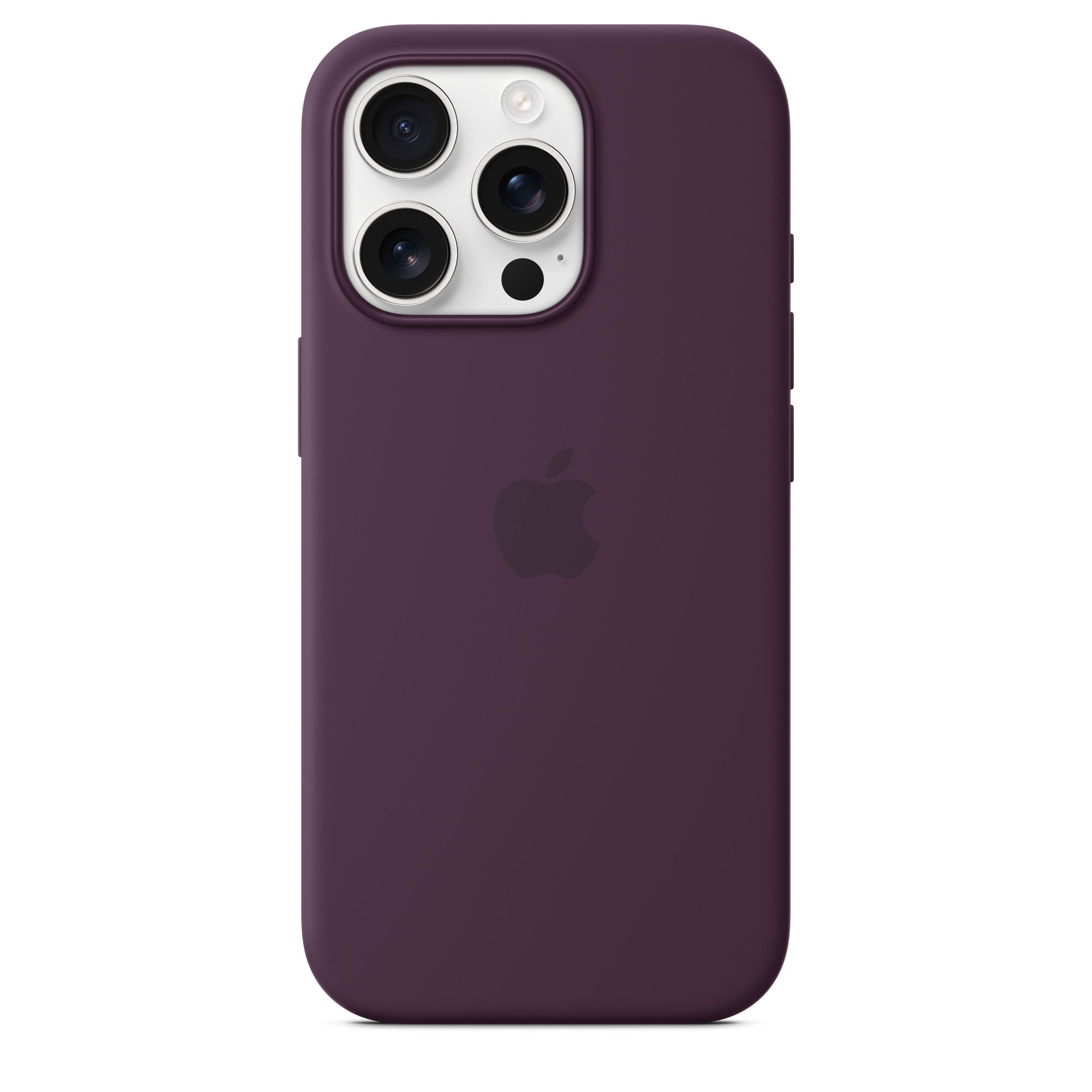 Üç kameralı ve Apple logosu olan mor bir iPhone kılıfı.