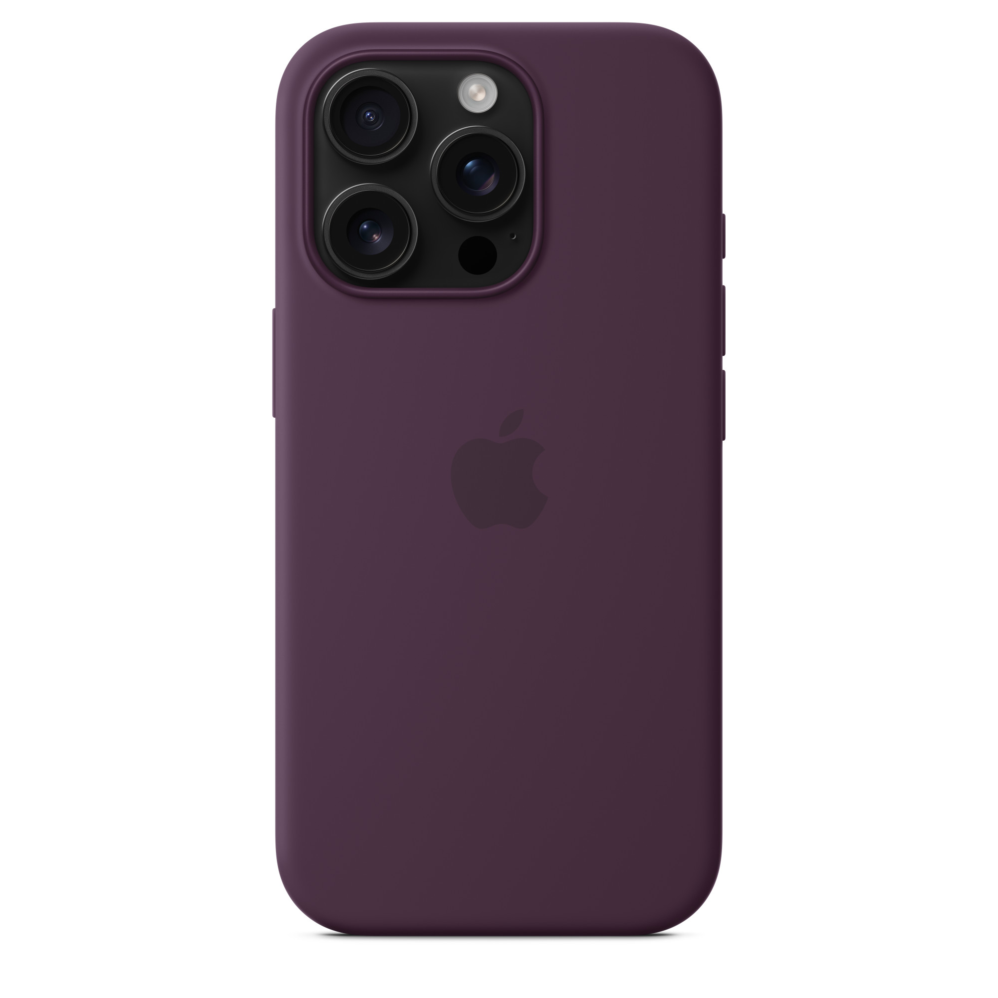Üç mercek ve Apple logosu olan koyu mor telefon kılıfı.