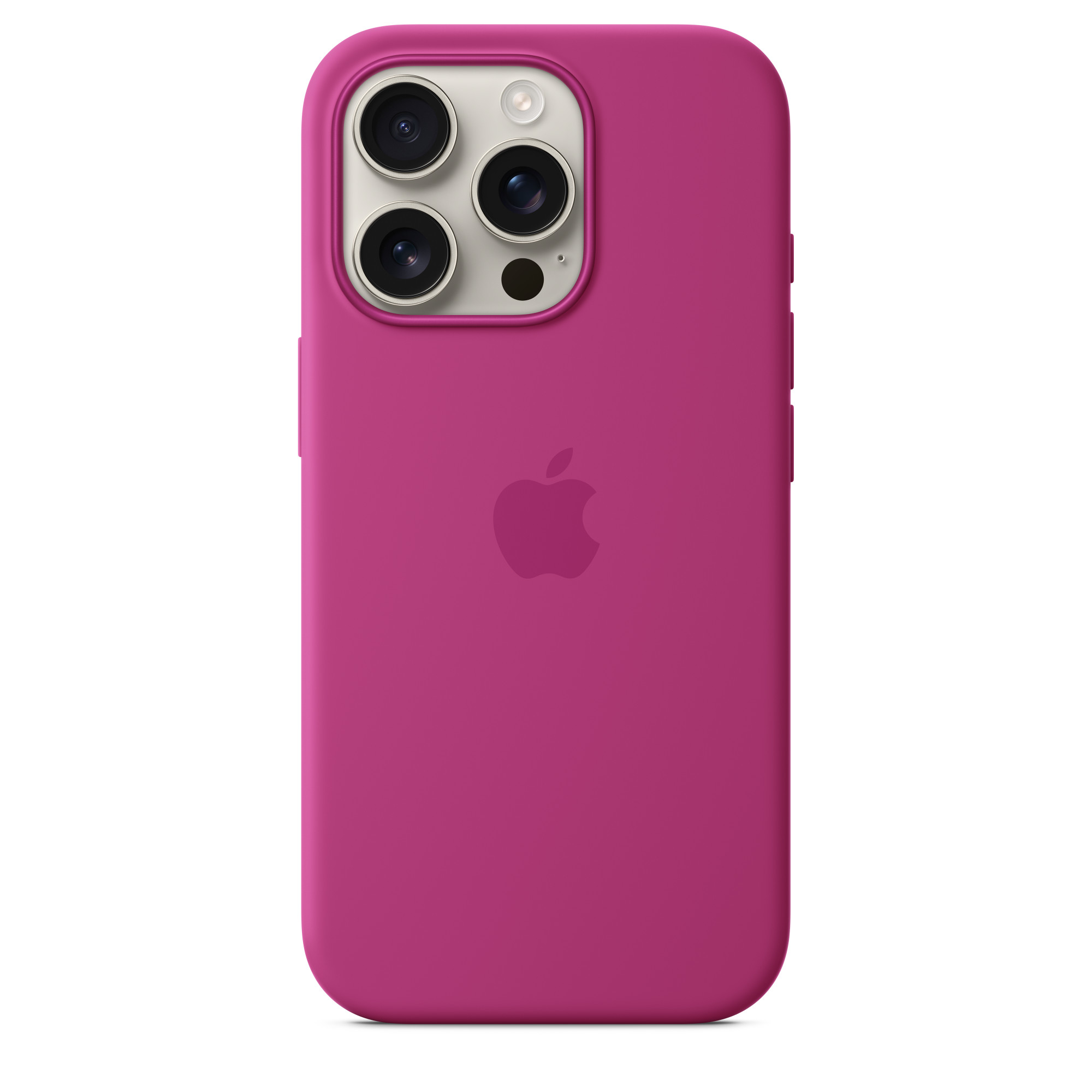 Pembe iPhone kılıfı, üçlü kamera kurulumu ve Apple logosu.