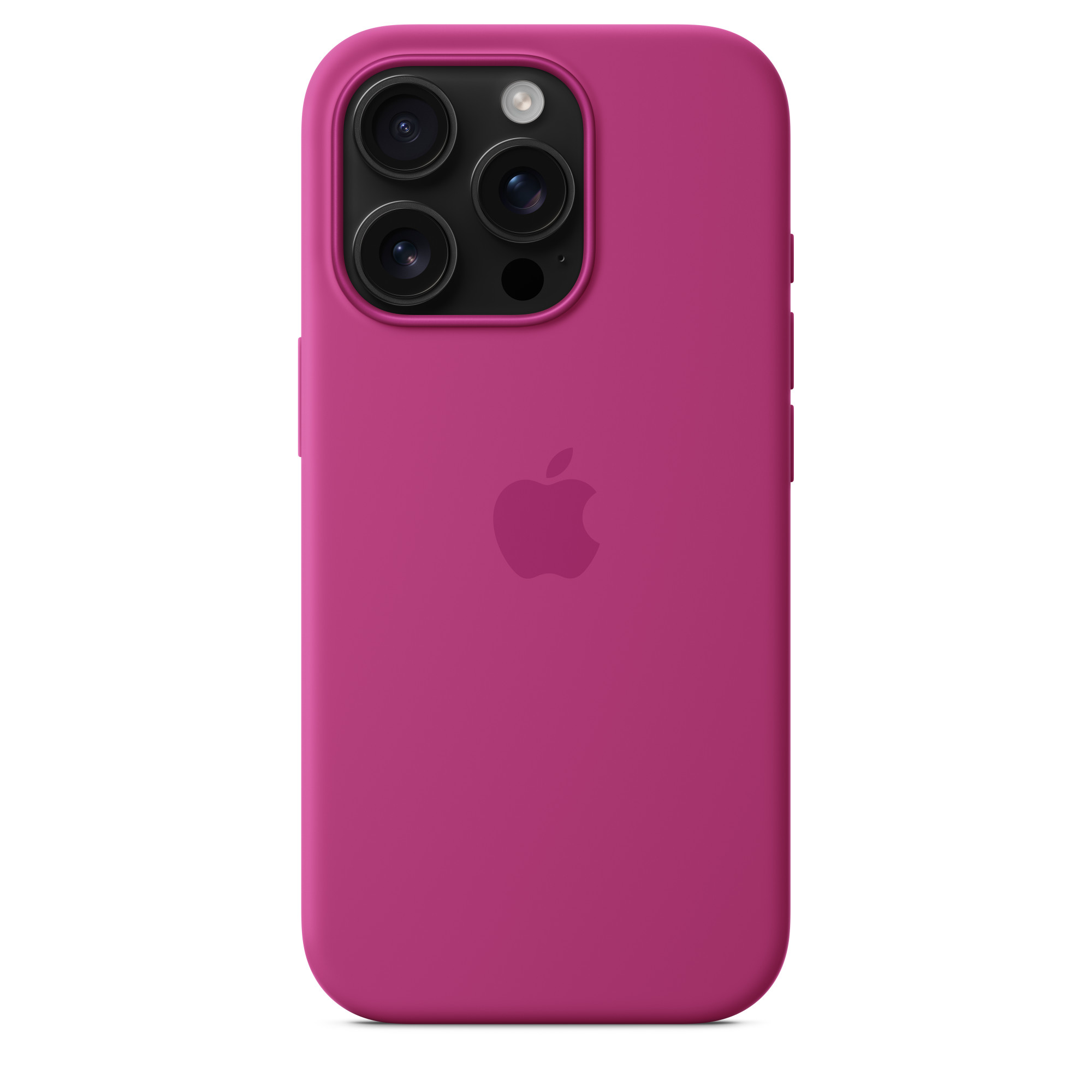 Arkada üç kamera merceği ve bir elma logosu bulunan parlak pembe bir telefon kılıfı.